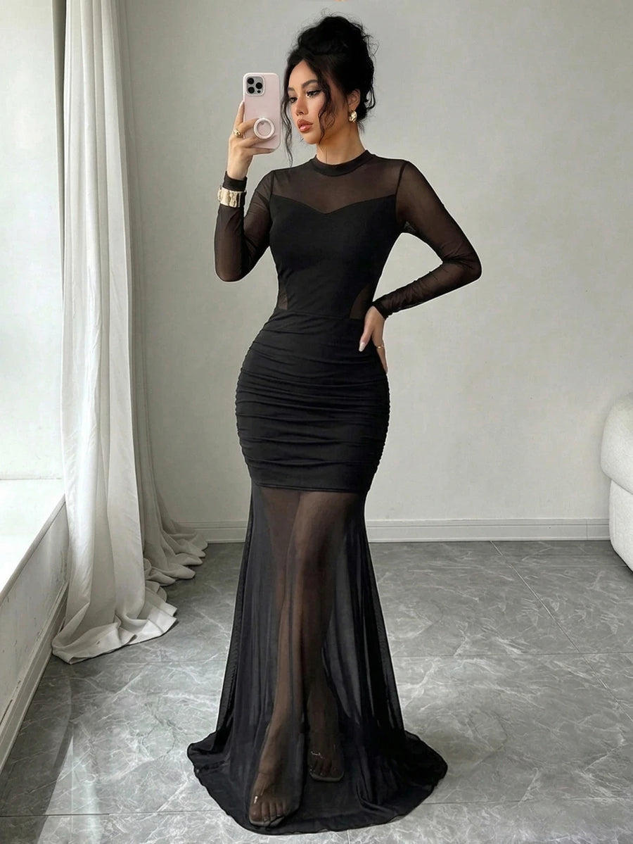SHEIN Elenzga فستان أسود بتصميم شبكي شفاف وياقة دائرية وتنورة كاملة