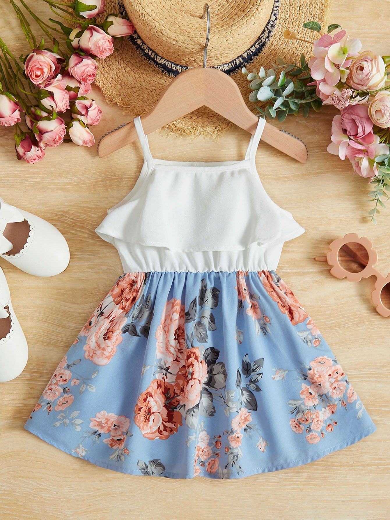 Baby Floral Print Ruffle Trim Cami Dress