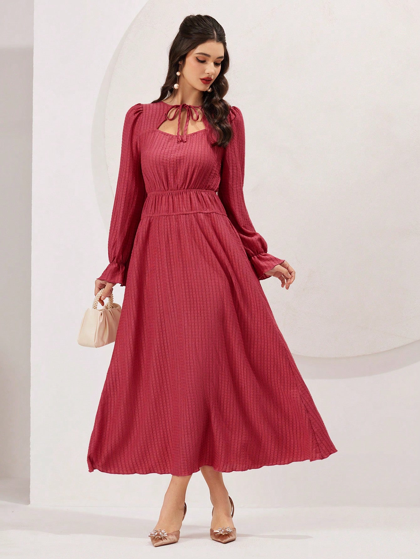Mulvari Ladies' Solid Color Tie Neck Ruffled Sleeve Dress