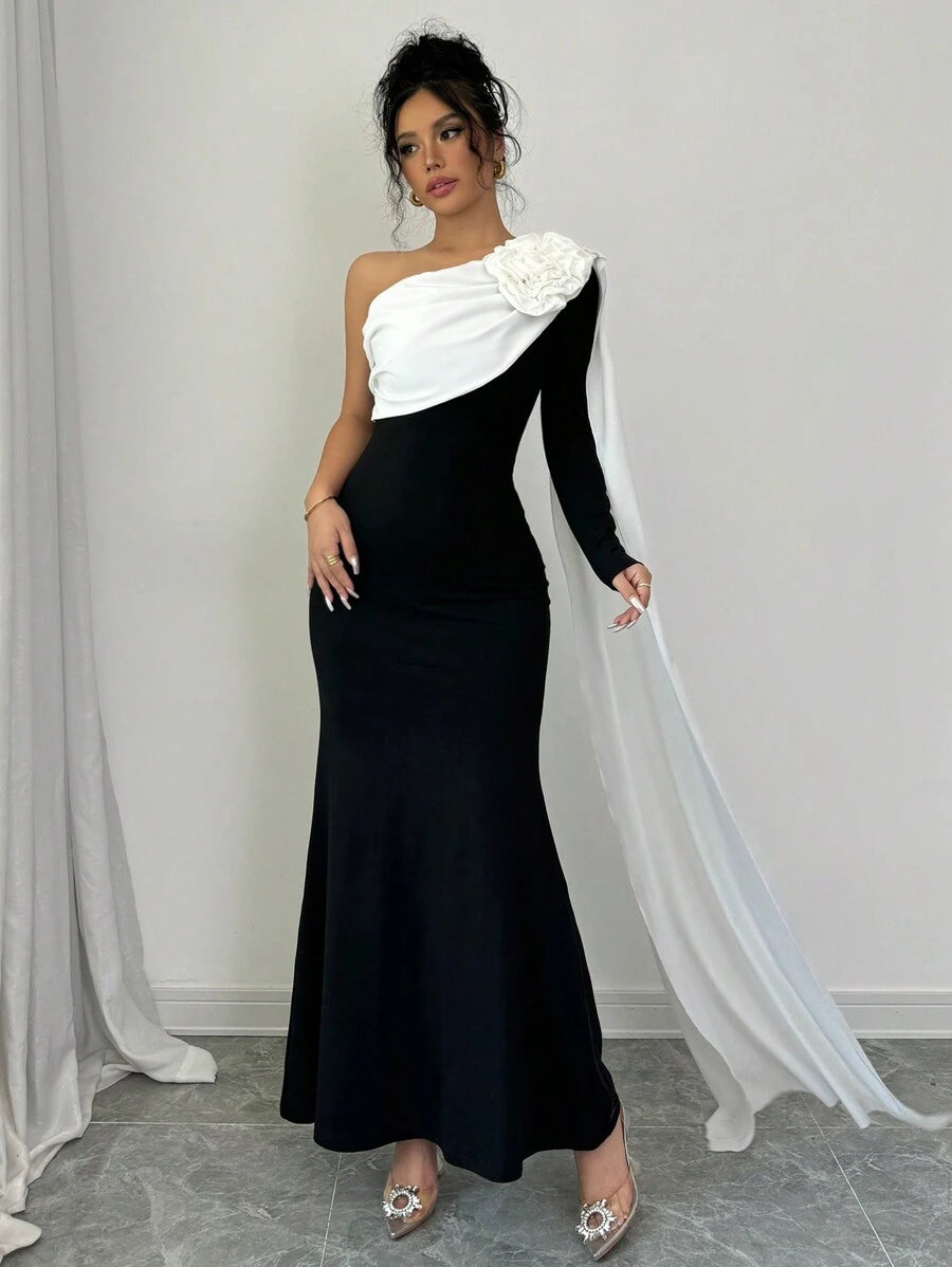 SHEIN Elenzga فستان اسود وابيض طويل بزخرفة زهري