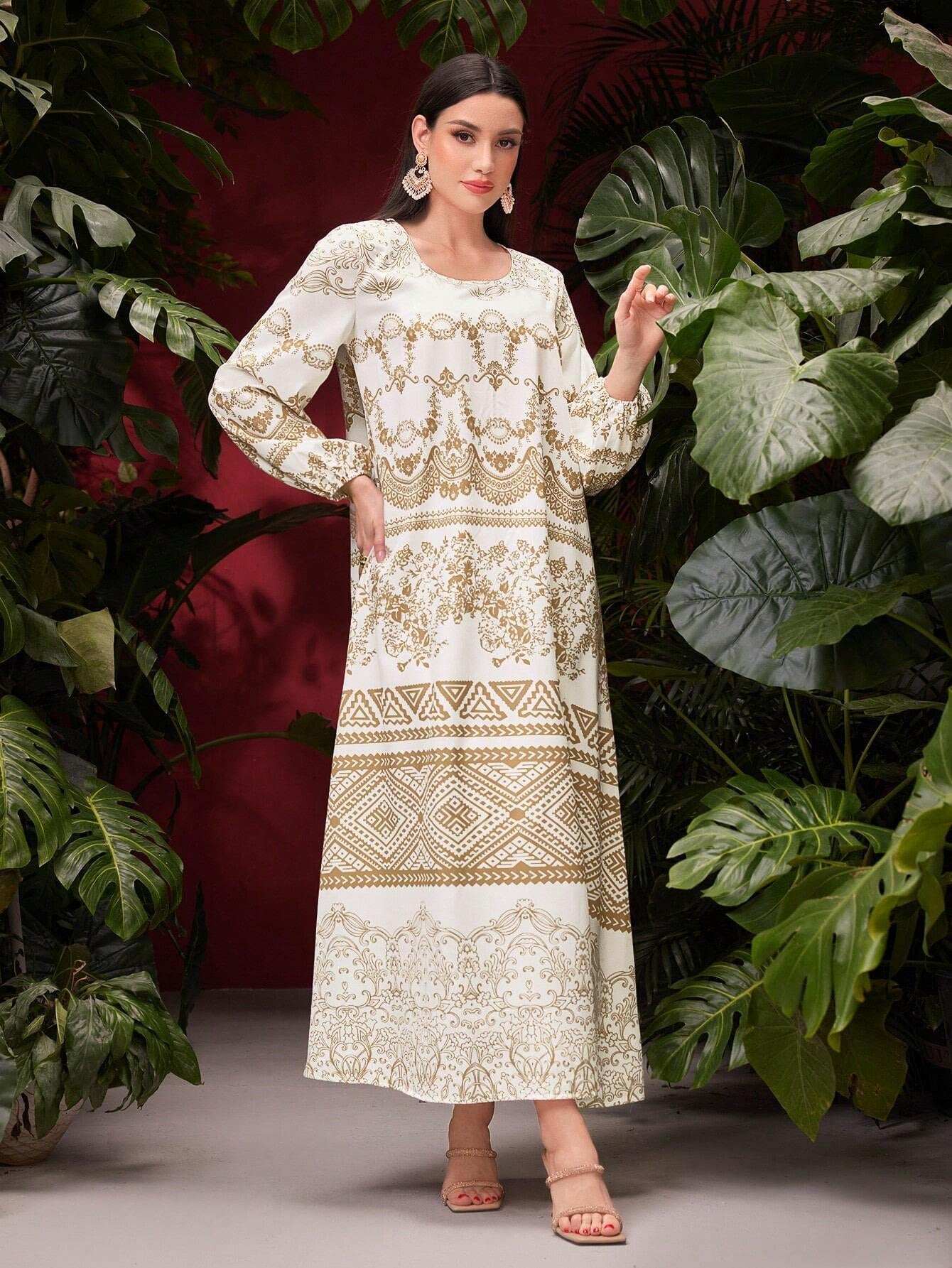 Najma Vintage Women'S Lantern Sleeve Printed Dress