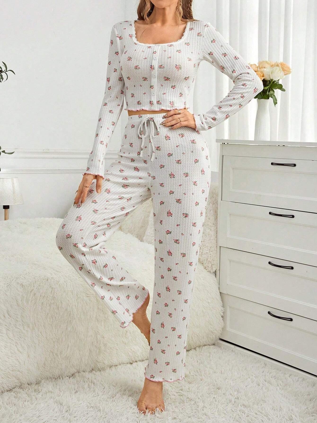 Women'S Floral Print Lettuce Edge Pajama Set