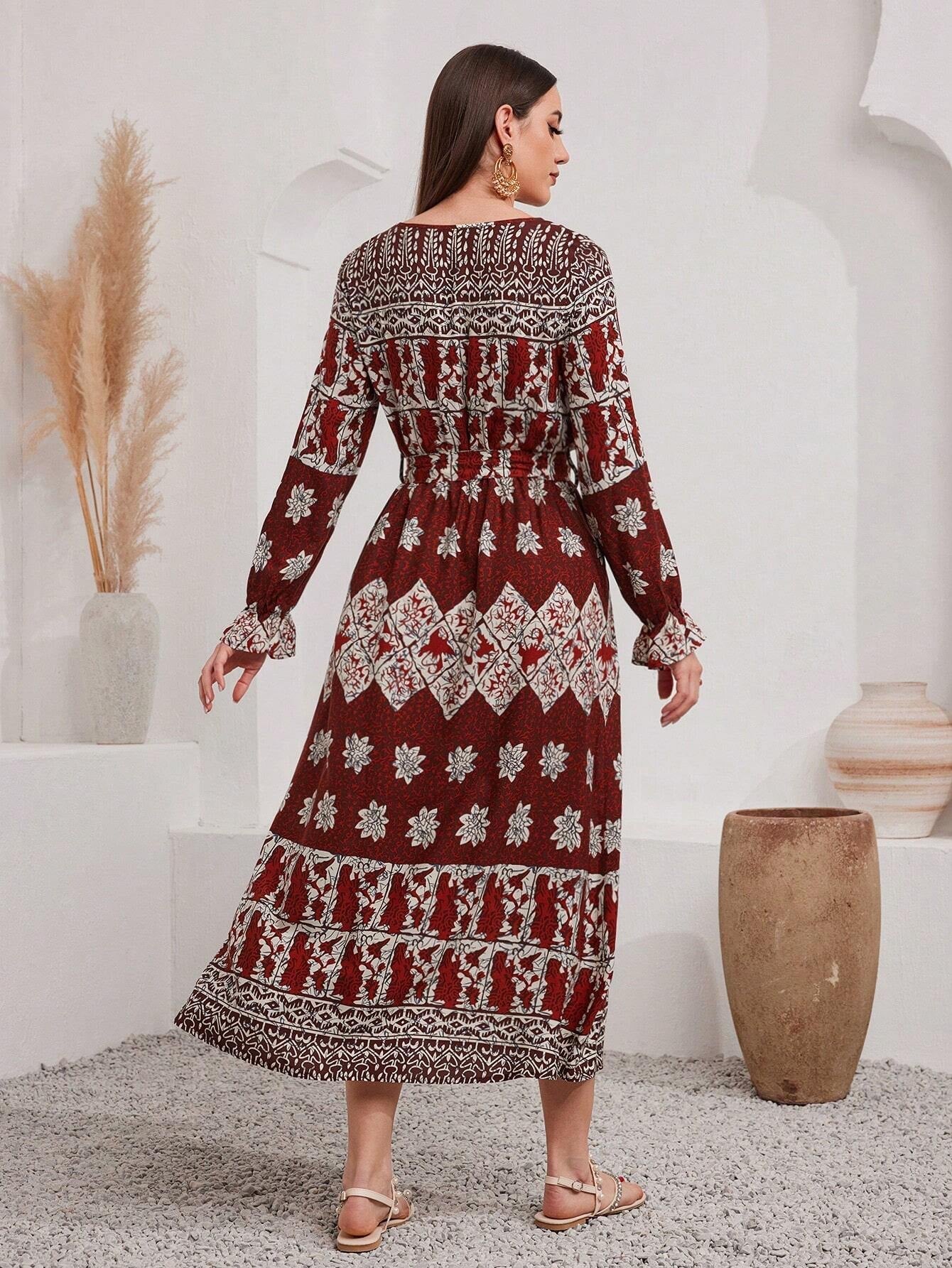 Mulvari Full Printed Long Sleeve Belted Dress