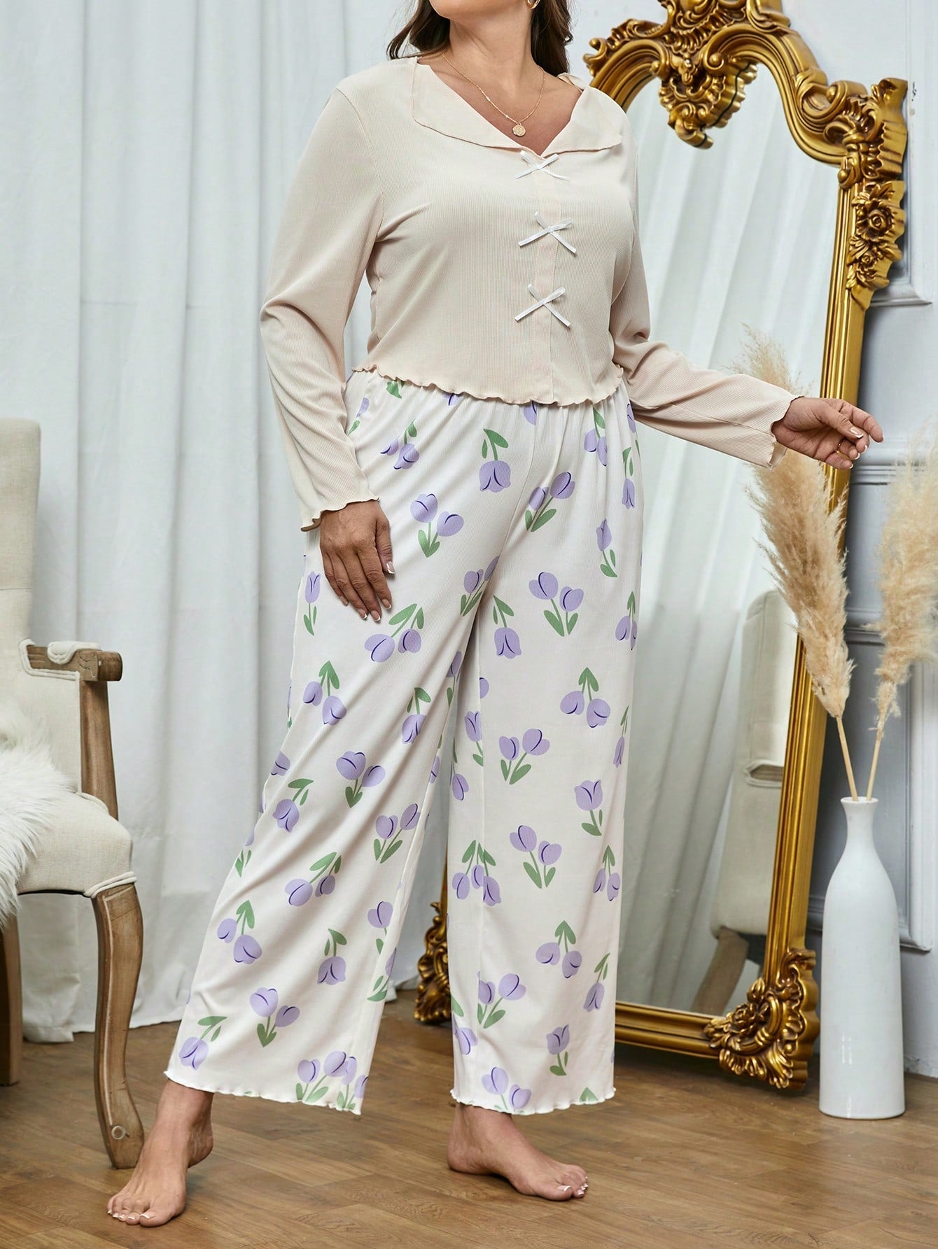 Plus Floral Print Lettuce Trim PJ Set