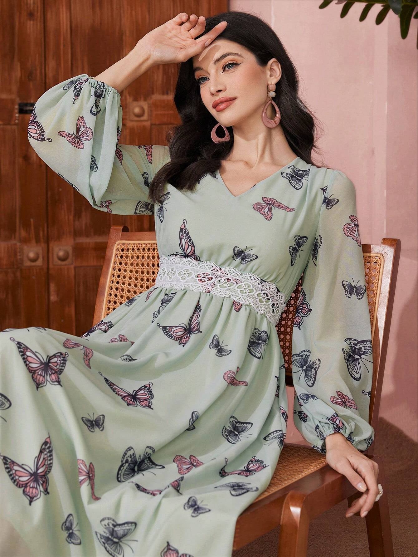 Modely Butterfly Printed V-Neck Patchwork Lace Tape Lantern Sleeve Dress