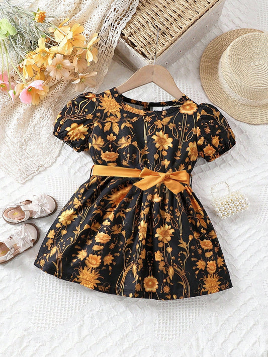 Baby Girl Golden Rose Gorgeous Printed Belted Dress