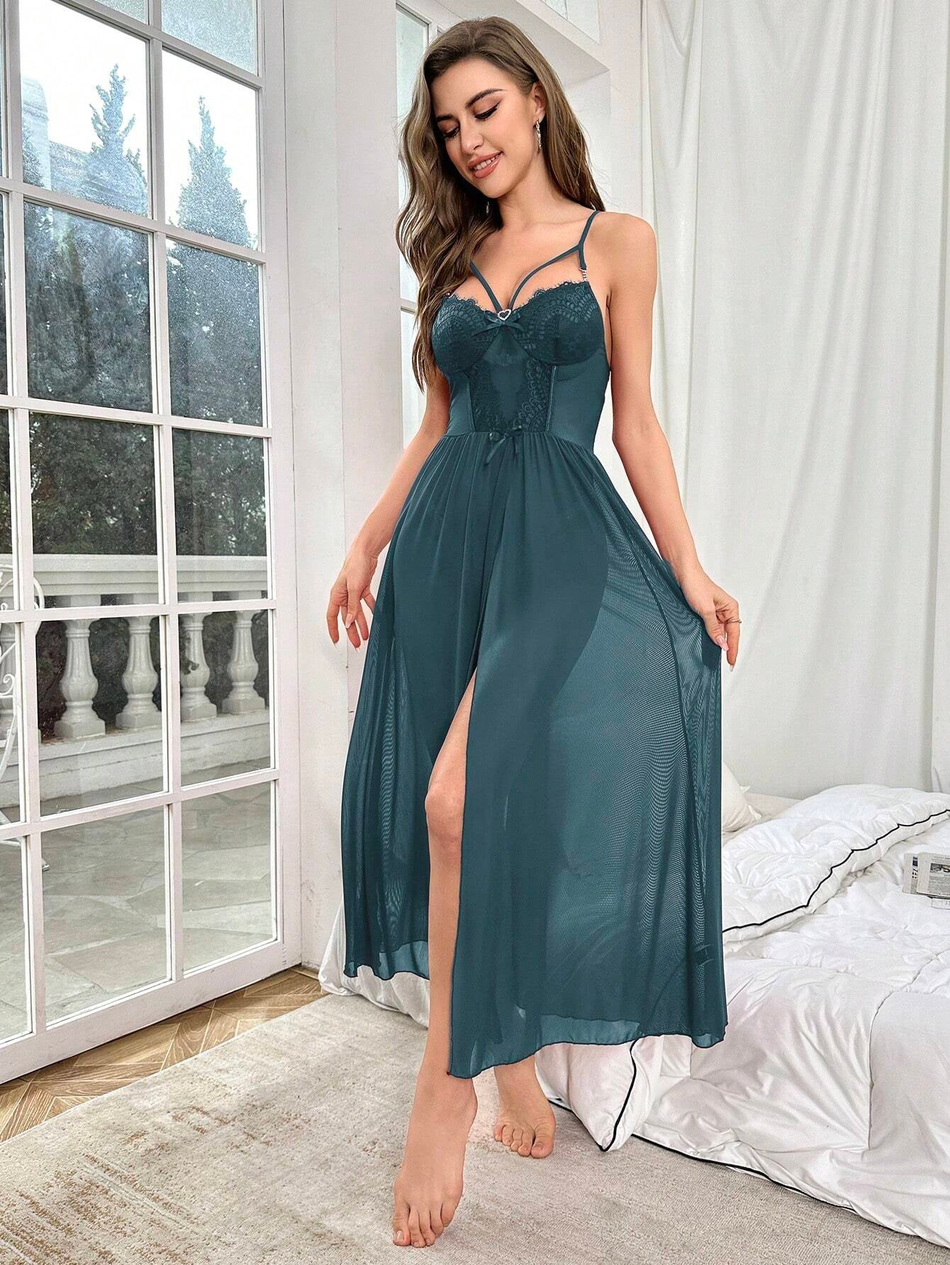 Lace Trim Split Thigh Cami Nightdress