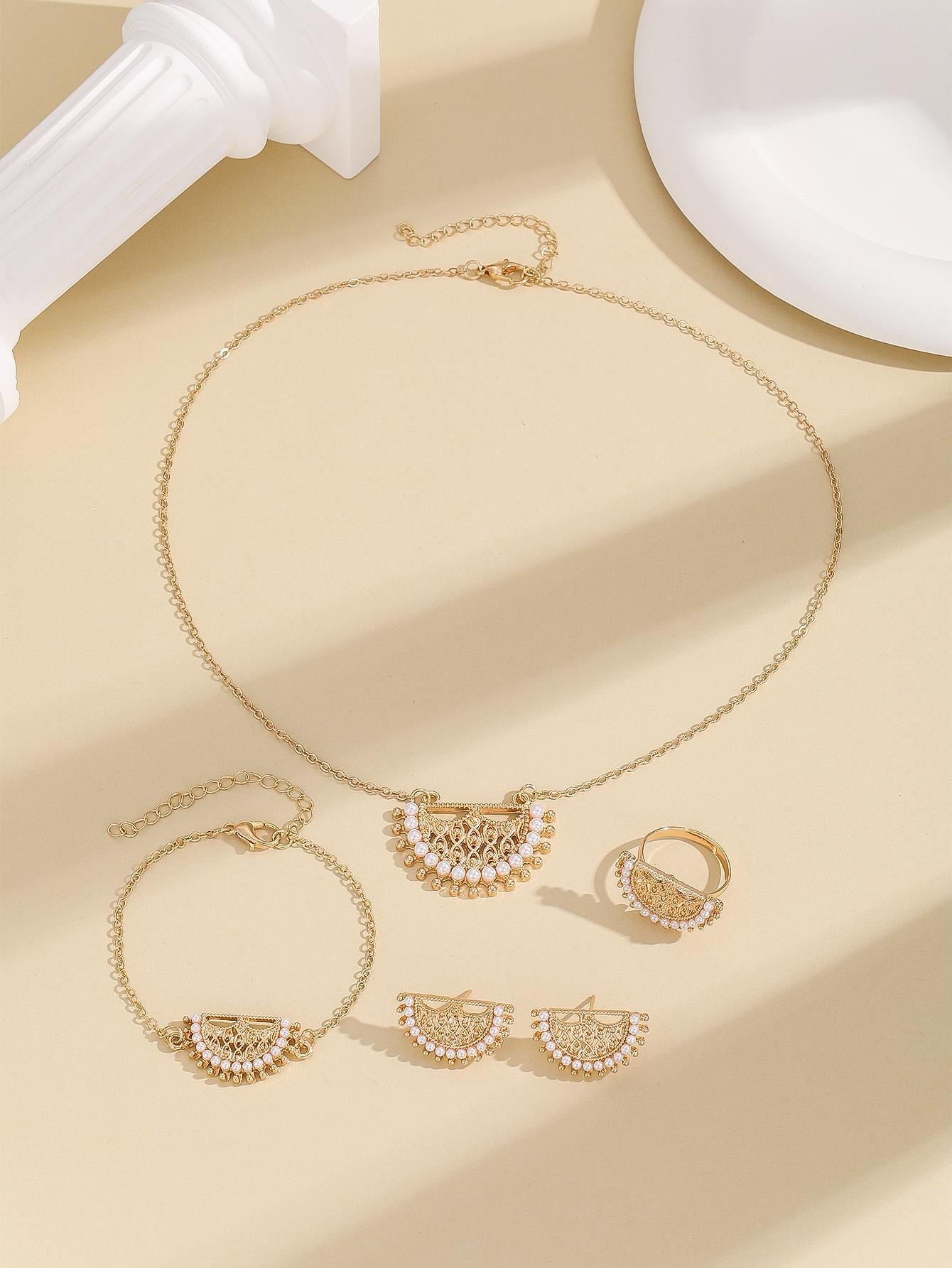 Fashionable Zinc Alloy Faux Pearl & Hollow Out Necklace, Earrings, Ring and Bracelet Set, in Gold