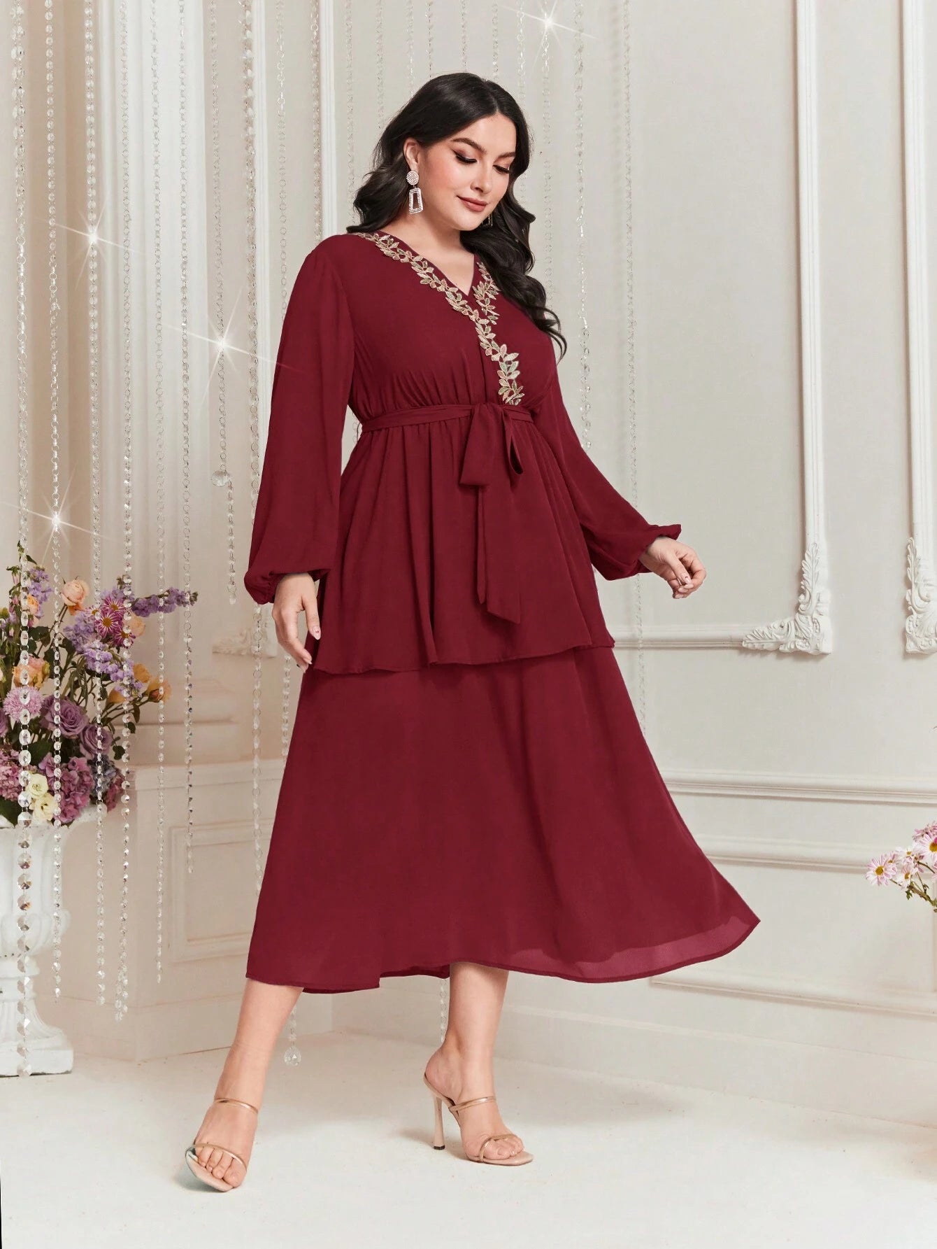 Modely plus Size Embroidered Decor Lantern Sleeve Dress