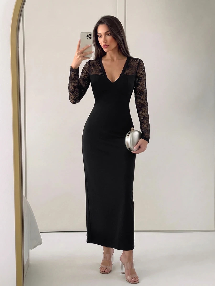 SHEIN Firerie فستان أسود بتفاصيل دانتيل وأكمام طويلة