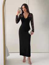 SHEIN Firerie فستان أسود بتفاصيل دانتيل وأكمام طويلة