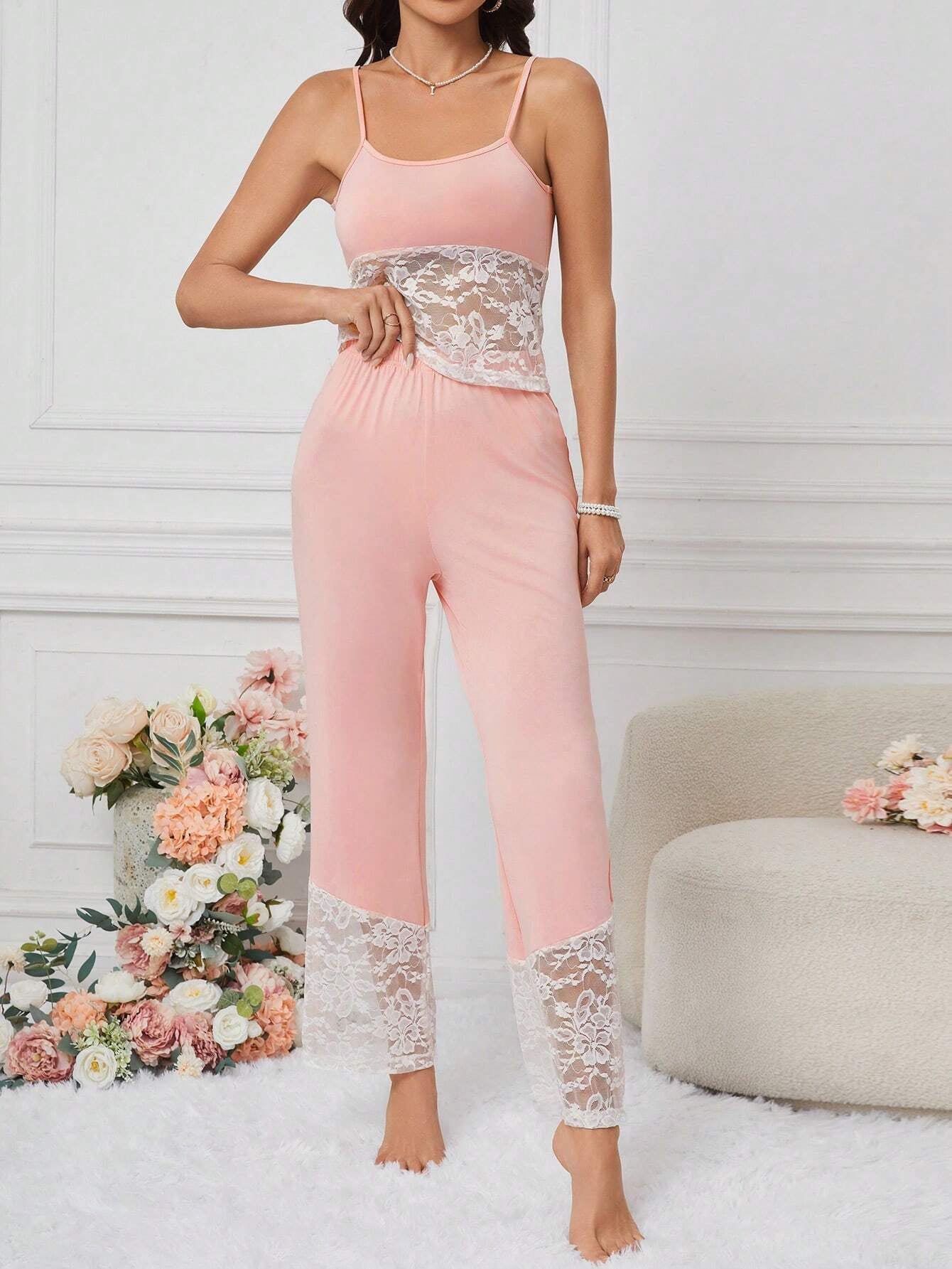 Ladies Lace Patchwork Cami Top and Shorts Sleepwear Set