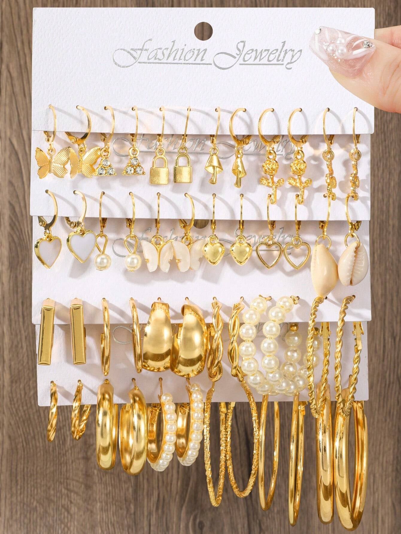 48 Piece Set of Creative, Fashionable, Caring, Water Droplet Shaped Imitation Faux Pearls with Multiple Elements, Women'S Earrings Set, Party, Couple, Holiday Jewelry, Jewelry Gifts