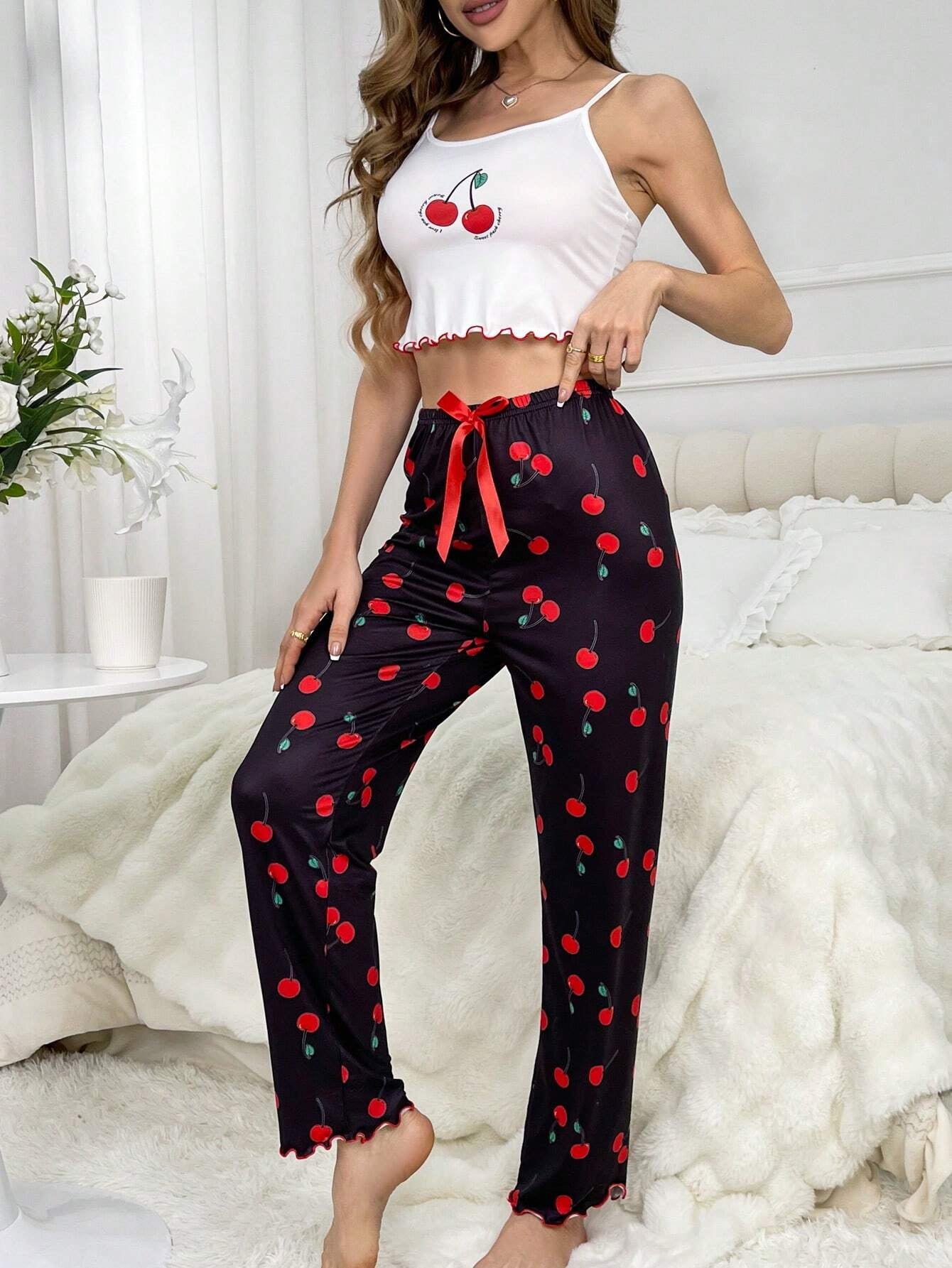 Cherry Print Cami Top & Bow Front Pants PJ Set