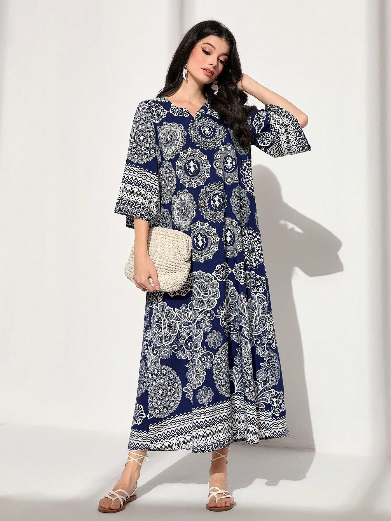 Najma Floral Print Notched Neckline Kaftan