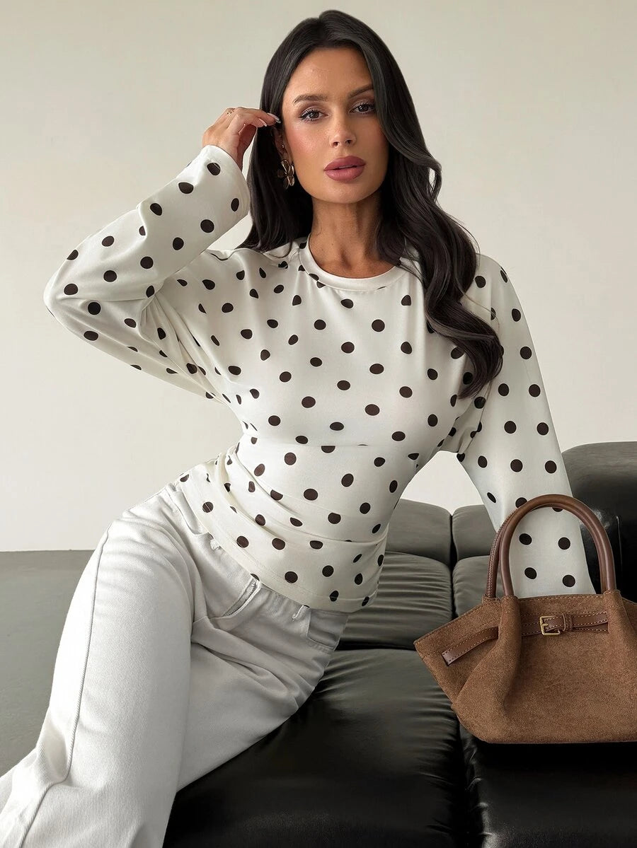 SHEIN Firerie تي شيرت بطبعة منقطة بياقة دائرية وأكمام فانوس وخصر محدد