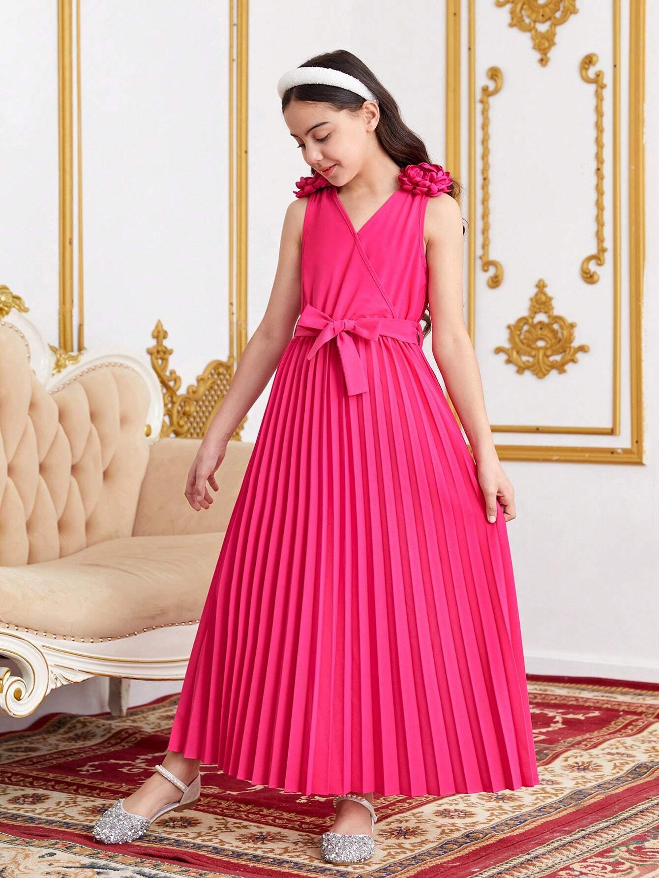 Tween Girl'S Solid V-Neck Elegant Pleated 3D Floral Belted Dress