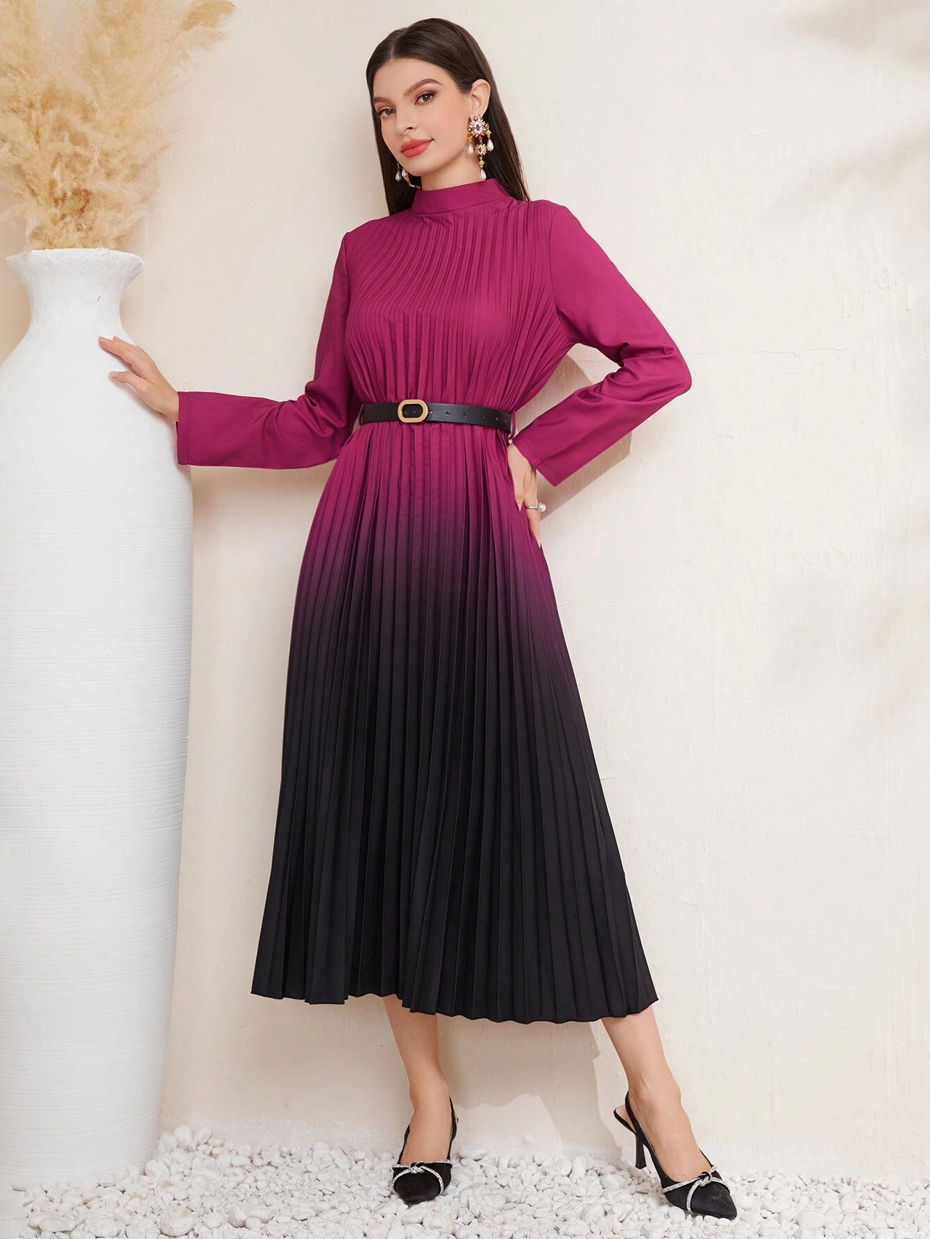 Modely Women'S Gradient Color Stand Collar Pleated Long Sleeve Dress