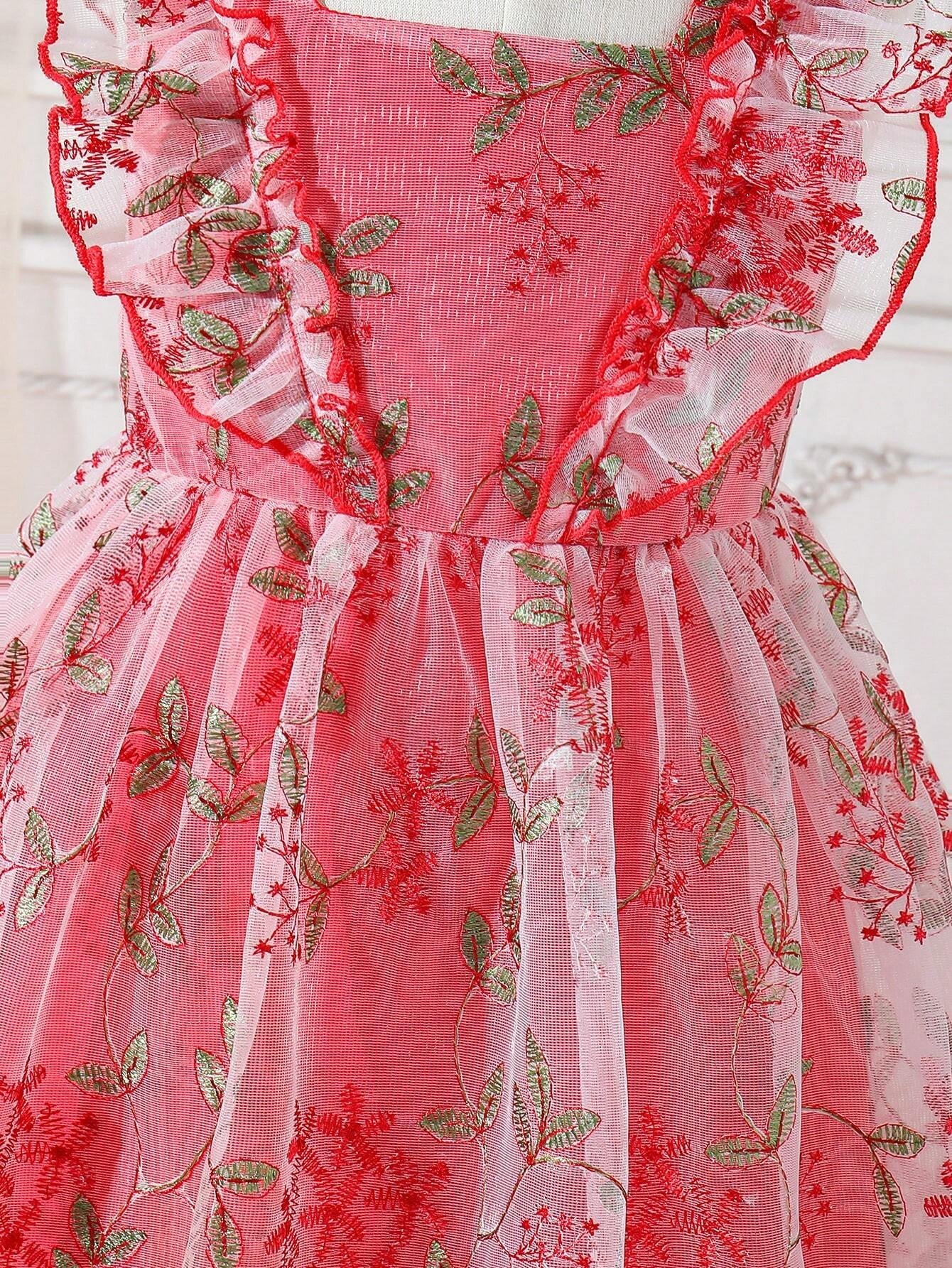 Young Girls' Elegant Princess Dresses, Flower Embroidered Tulle Dress with Puffy Sleeves for Wedding/Birthday/Party/Holiday, Sweet Pink Summer Clothes