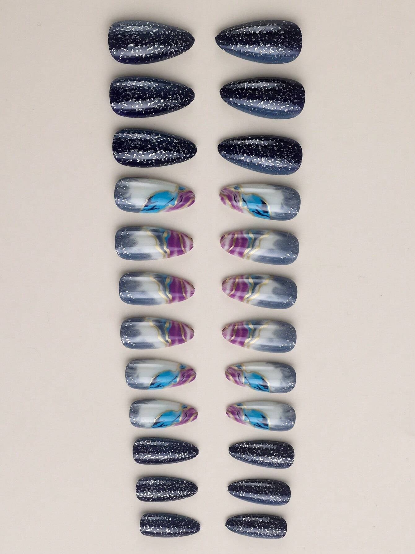 24Pcs/Box Galaxy Blue Starry Sky Almond Nail Tips with Ombre Effect + 1Pc Jelly Glue + 1Pc Nail File