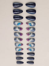 Galaxy Gradient Sparkling Powder Medium Almond Shape False Nails Set(24Pcs)+1Pc Jelly Glue+1Pc Nail File