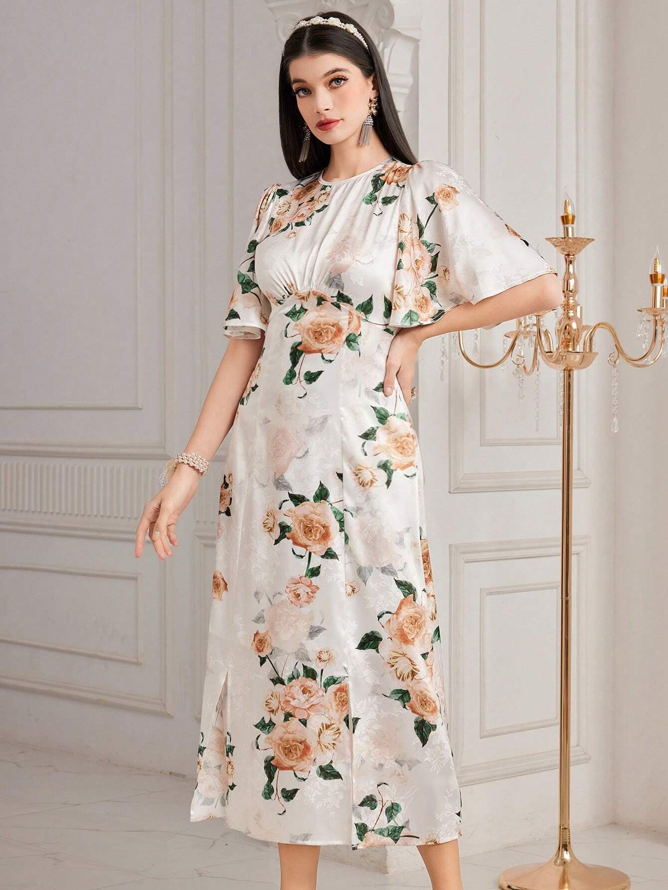Modely Women'S Floral Printed Butterfly Sleeve Dress