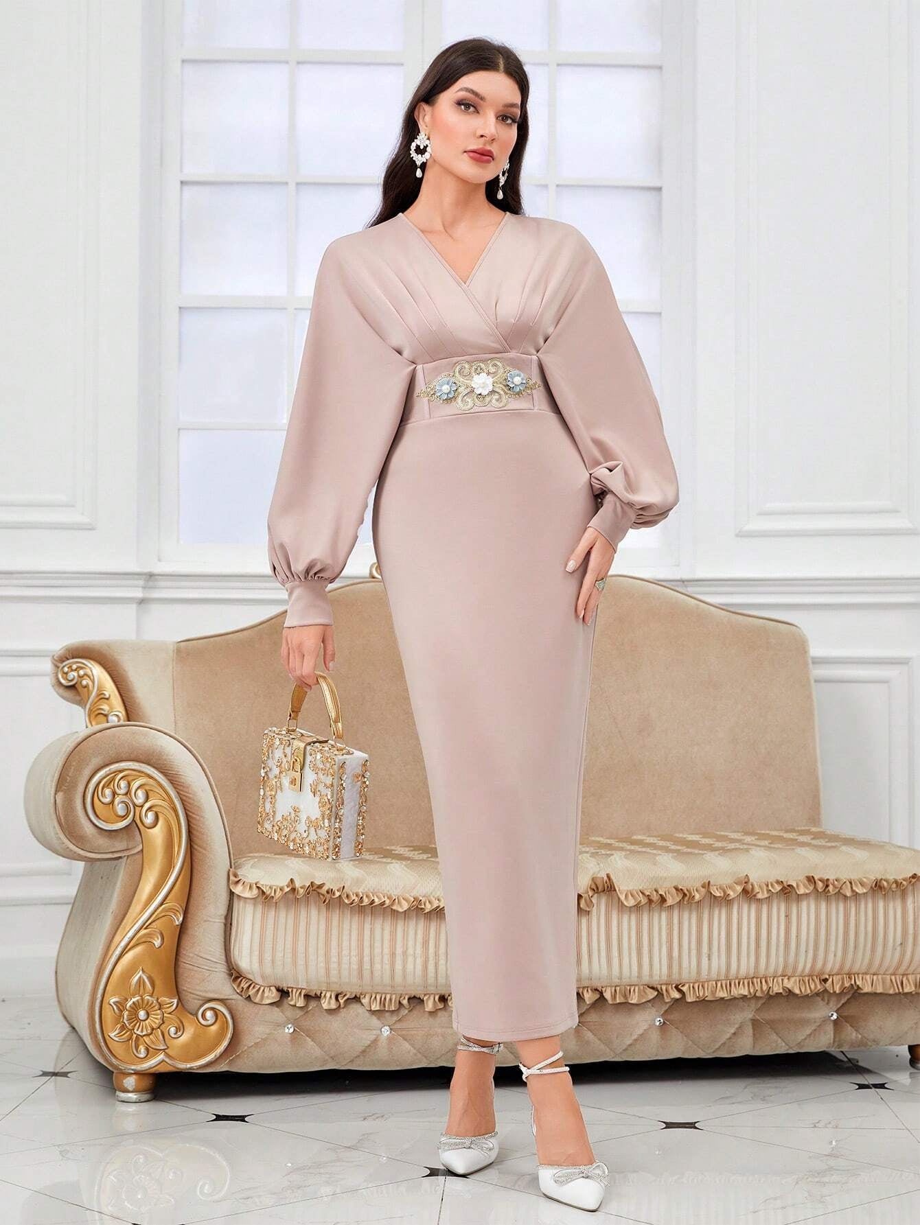Modely Applique Surplice Neck Lantern Sleeve Split Back Dress