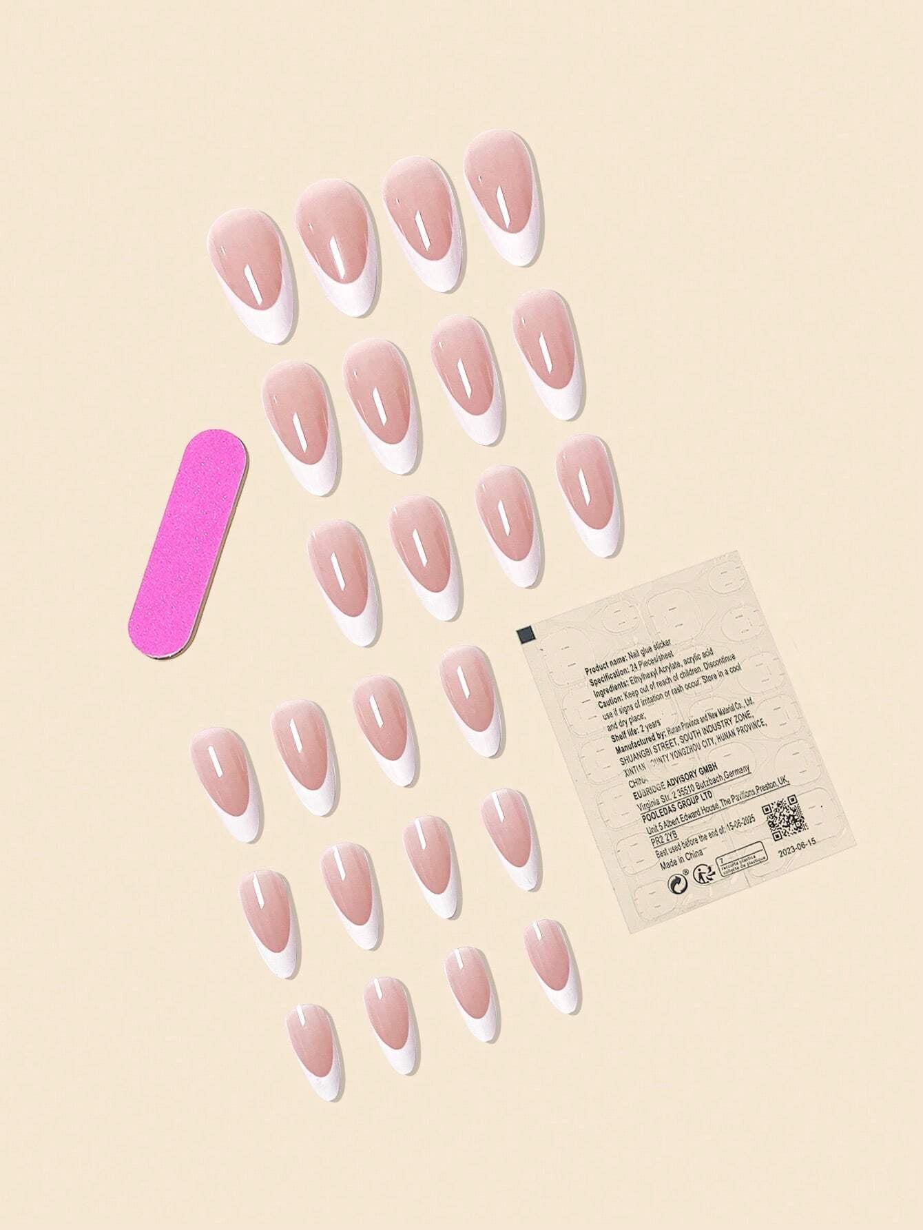 24Pcs False Nails in Waterdrop Shape, Black French Manicure with Small Flowers & Pointy Almond Shape +Jelly Glue + Nail File