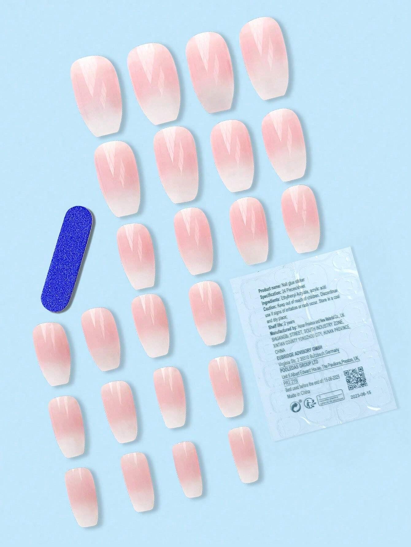 Upgrade Your Style! 24Pcs Long Coffin Shaped Y2K Gradient Jelly Pink Glitter False Nail Tips for Party, Dance, Festival