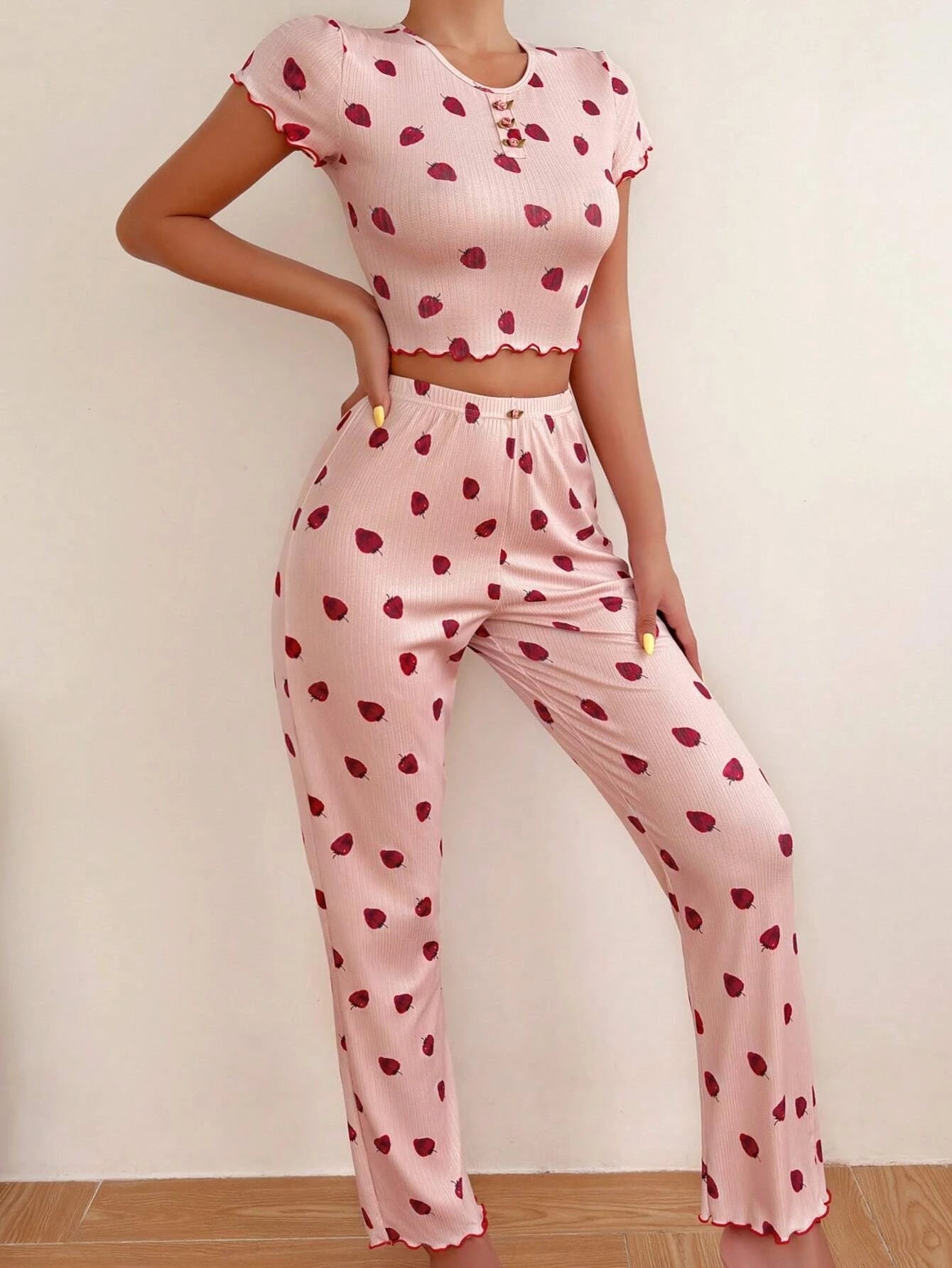 Strawberry Print Lettuce Trim PJ Set