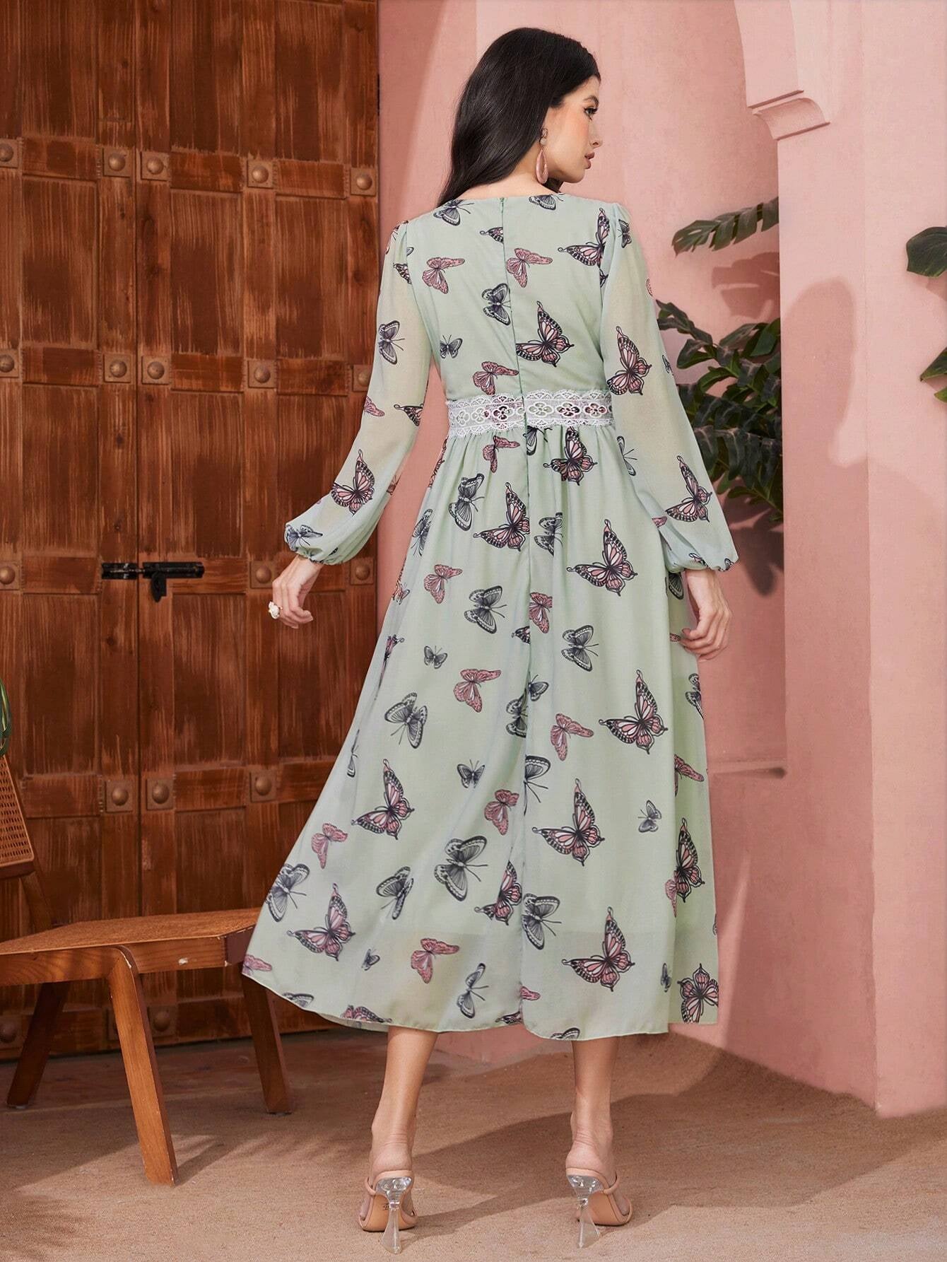 Modely Butterfly Printed V-Neck Patchwork Lace Tape Lantern Sleeve Dress