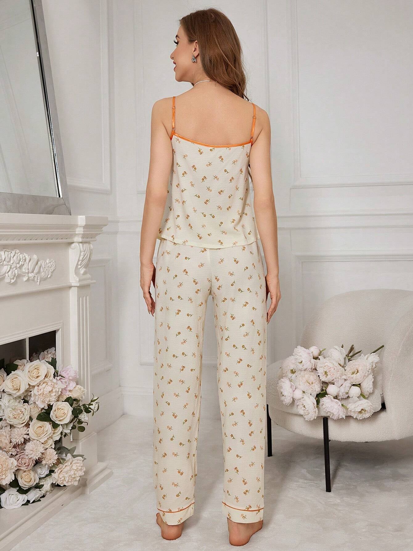 Floral Print V-Neck Camisole Top and Pants Pajama Set