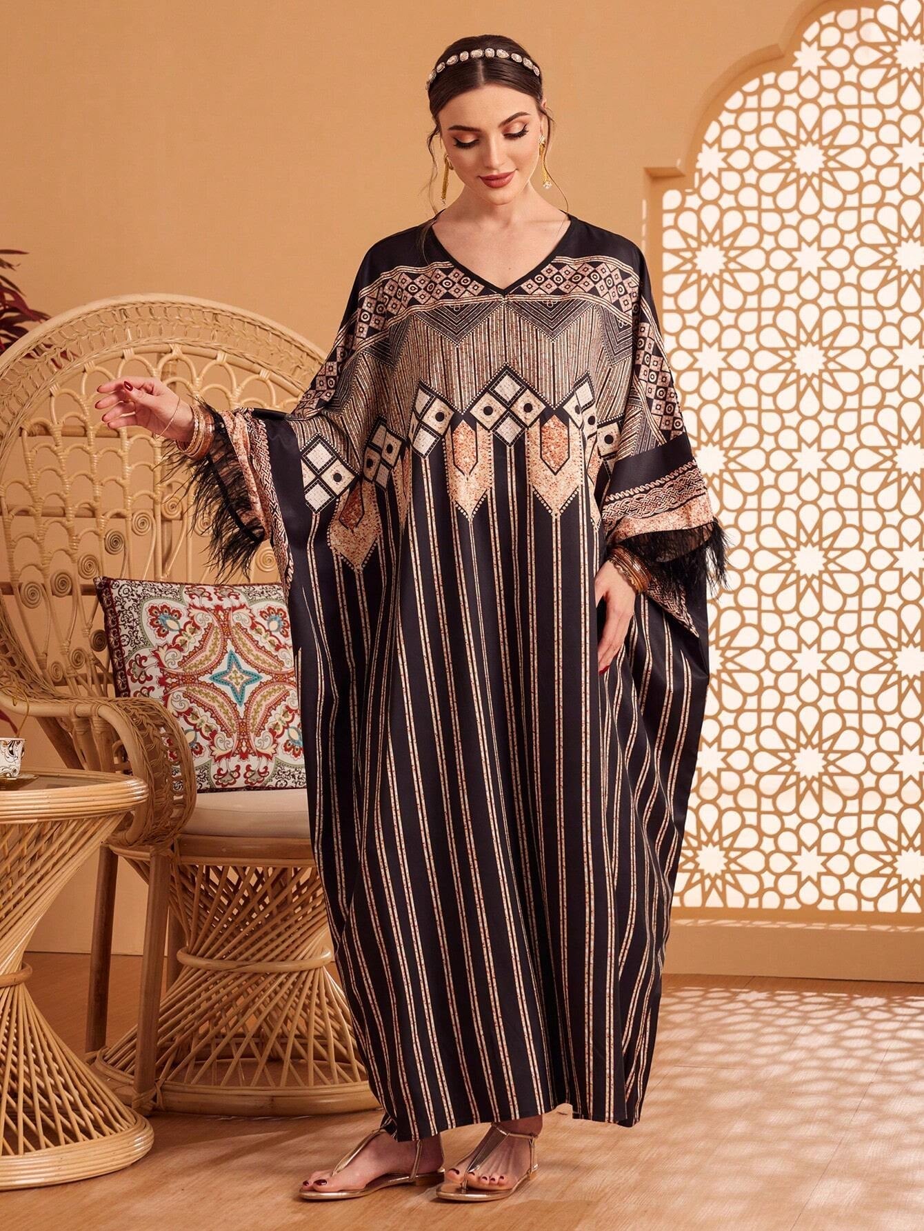 Najma Women'S Geometric Printed Fringed Turkish Kaftan