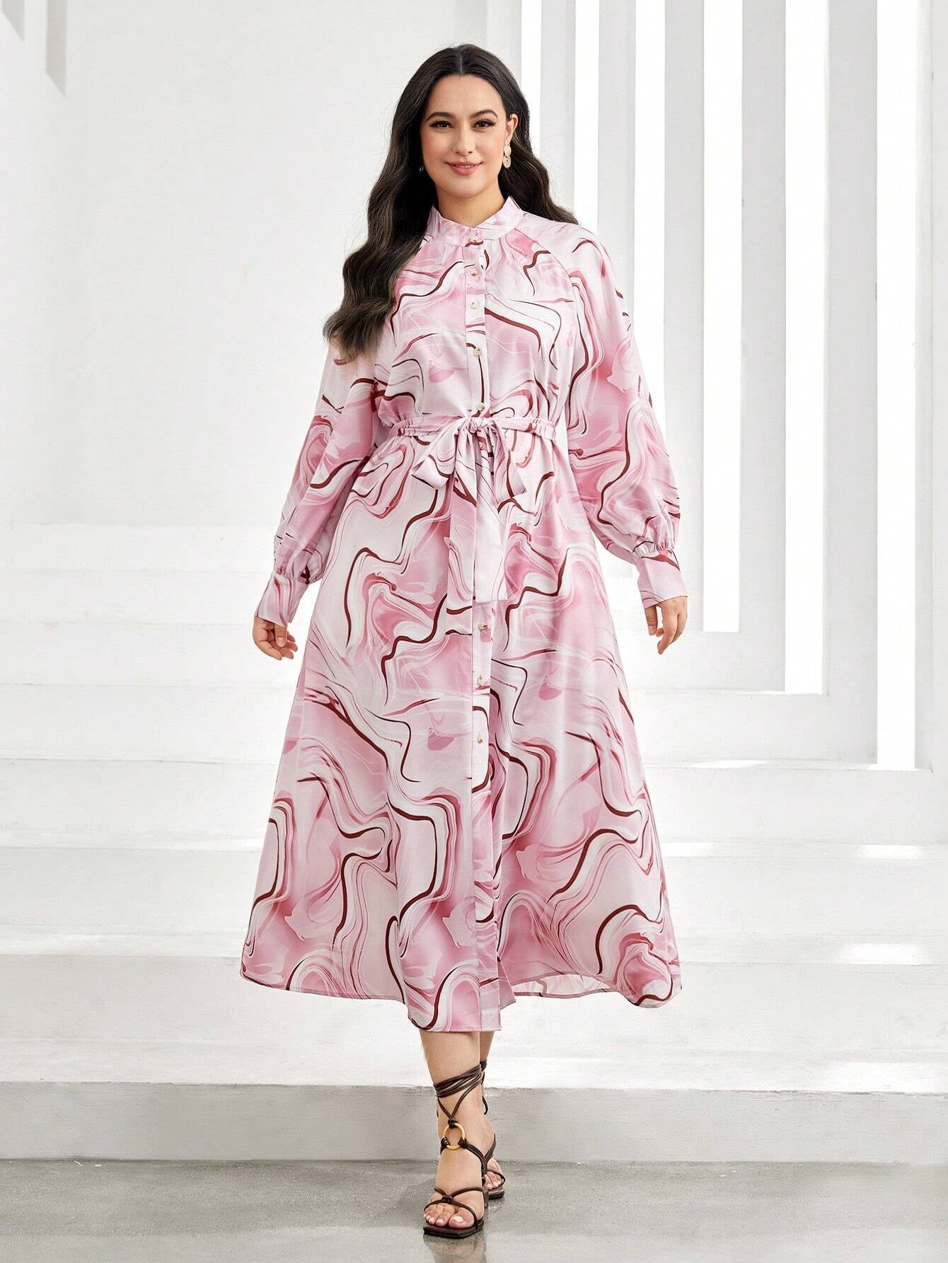 Mulvari plus Allover Print Belted Shirt Dress