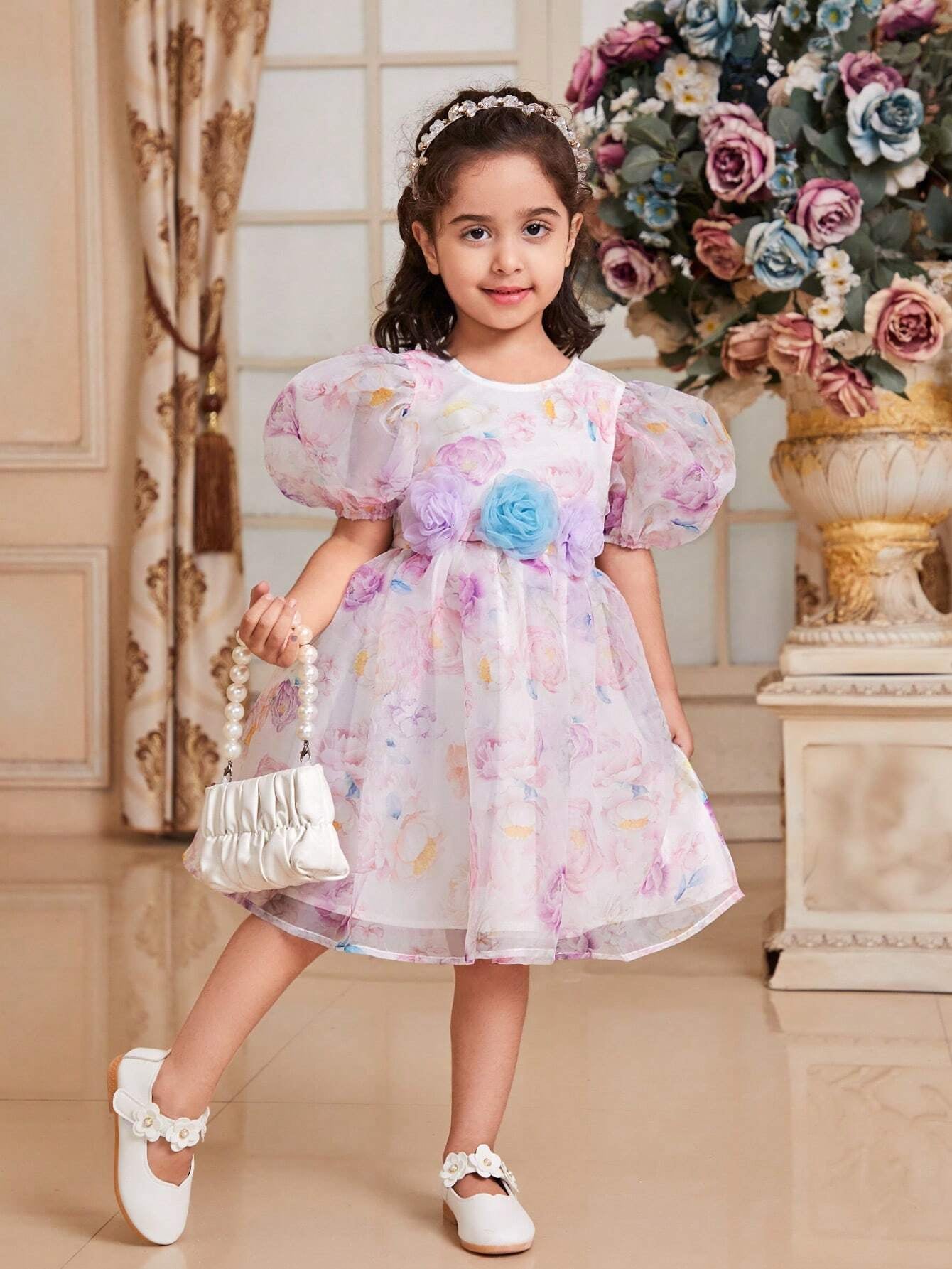 Young Girls' Elegant round Neck Puff Sleeve Organza Floral Print 3D Flower Dress