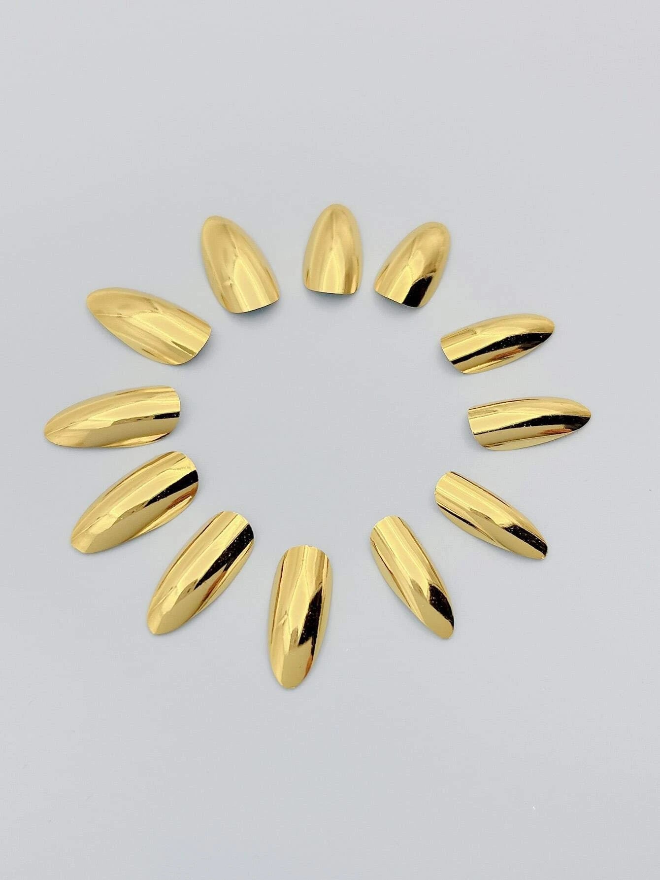 Get Glamorous with 24Pcs Short Almond Gold Solid Mirror Fake Nail & 1Pc Nail File & 1Sheet Tape