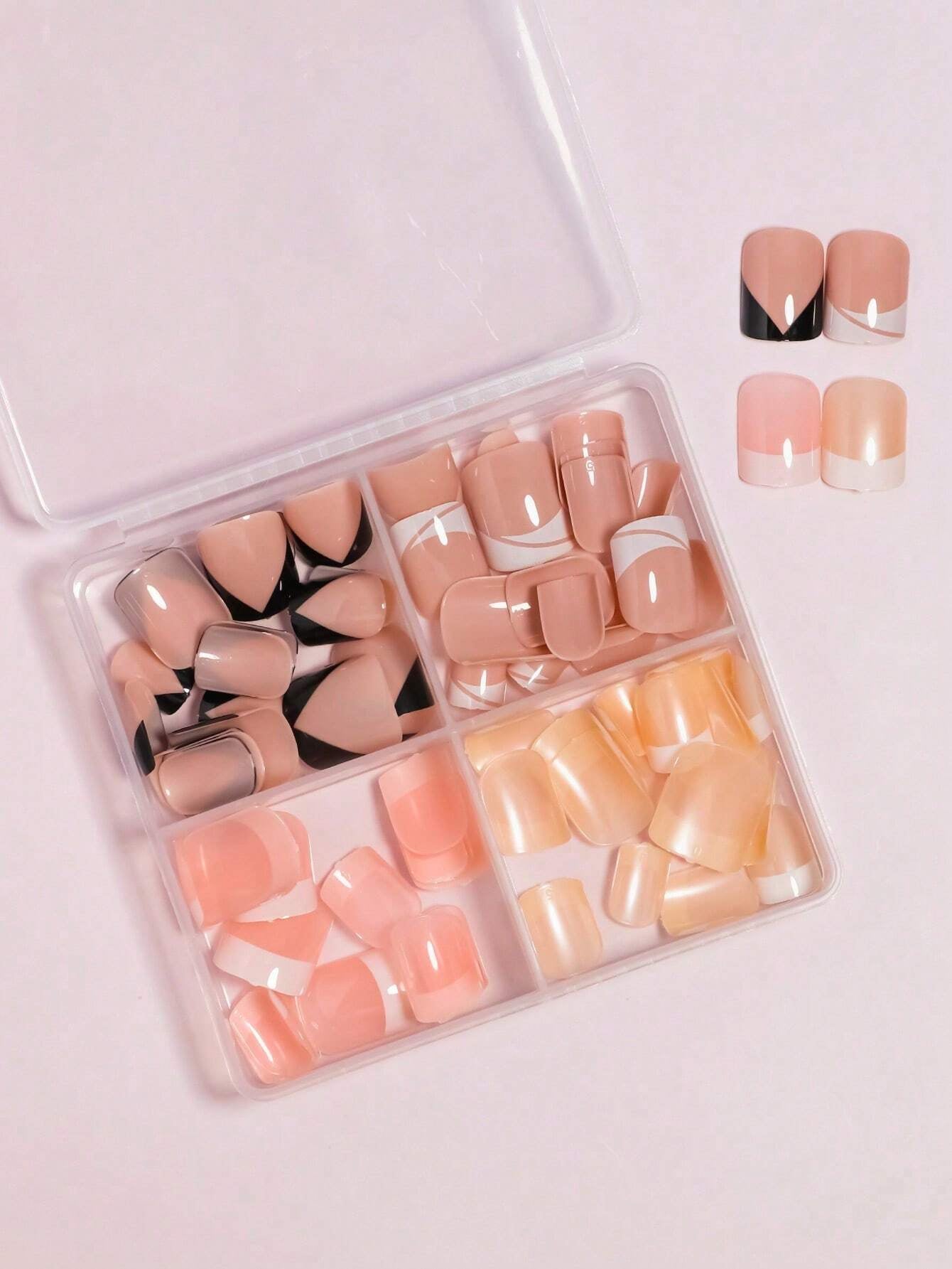 96Pcs(Dark Nude/Nude/Cream/Shrimp Pink-4Colors) Medium Square Press on Nails Acrylic Short Fake Nails Full Cover Solid Colors Designs Shiny Glue on Nails False Nail as Gift for Women and Girls with Storage Box