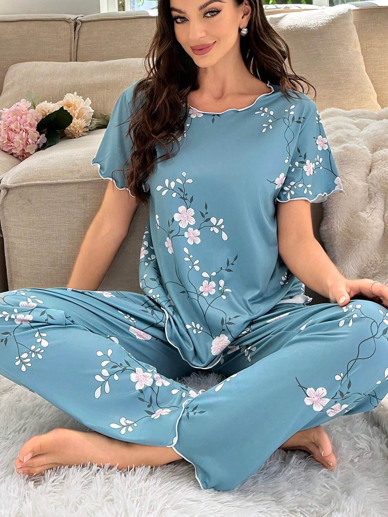 Floral Printed Short Sleeve Top & Pants Homewear Set