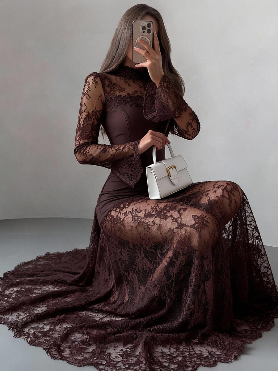 SHEIN Firerie فستان بني بأكمام طويلة وتفاصيل دانتيل وشريط شفاف