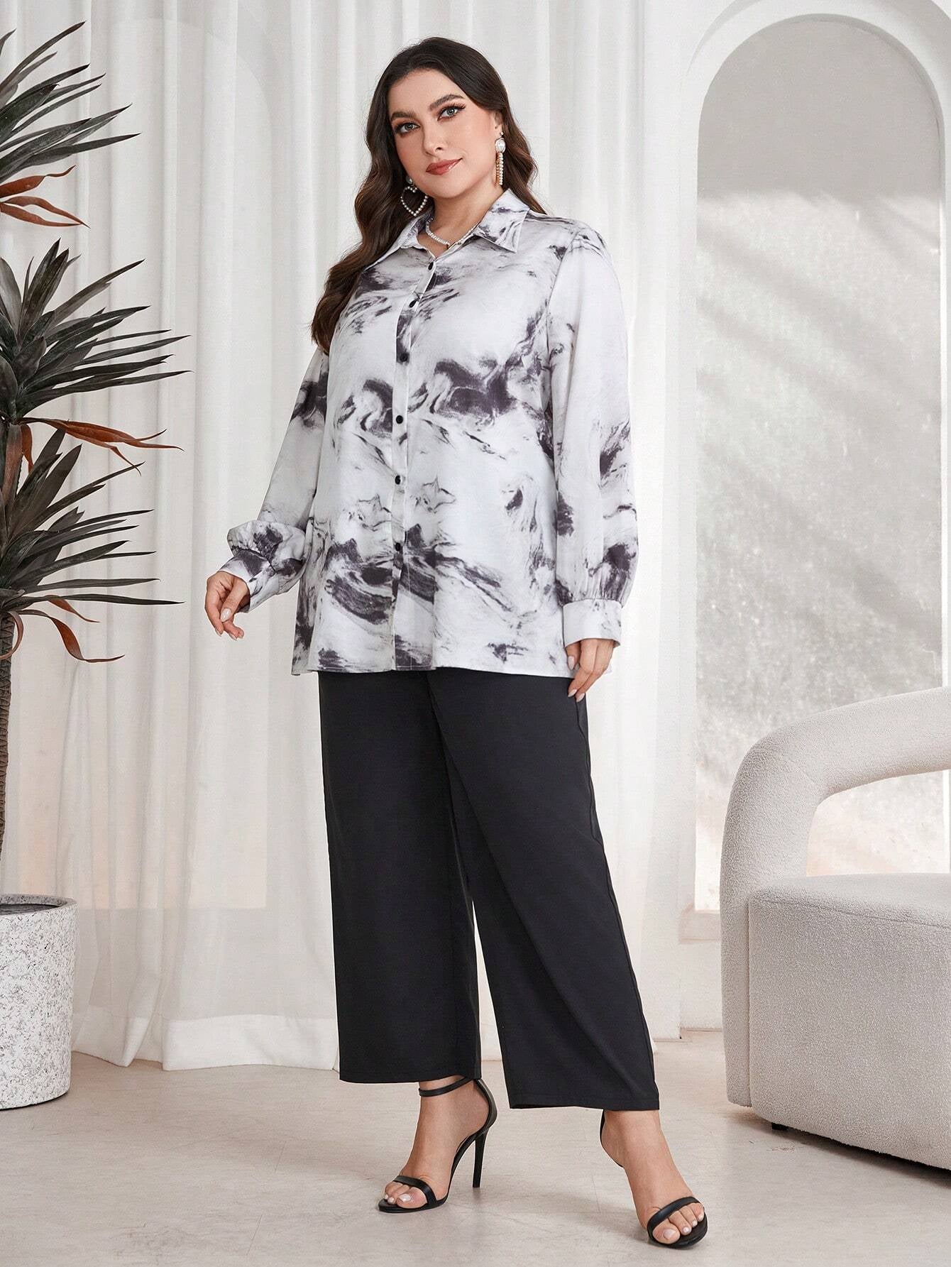 Mulvari plus Size Women'S Tie Dye Turn down Collar Shirt and Long Pants Two Piece Set