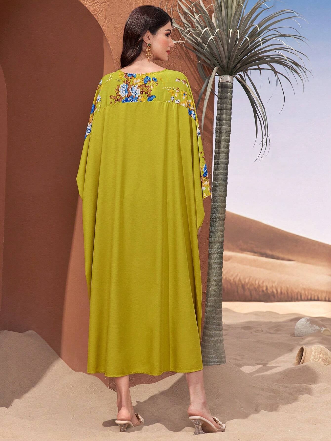 Najma Batwing Sleeve Dress with Plant Pattern Print