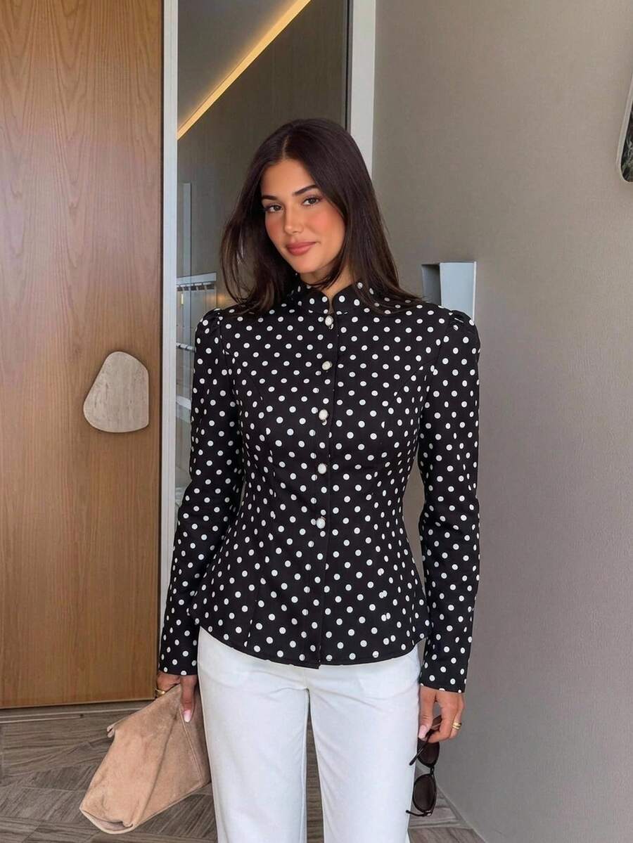 SHEIN Siren Gaze جاكيت نسائي قصير بأكمام طويلة ونقشة نقاط وأزرار أمامية