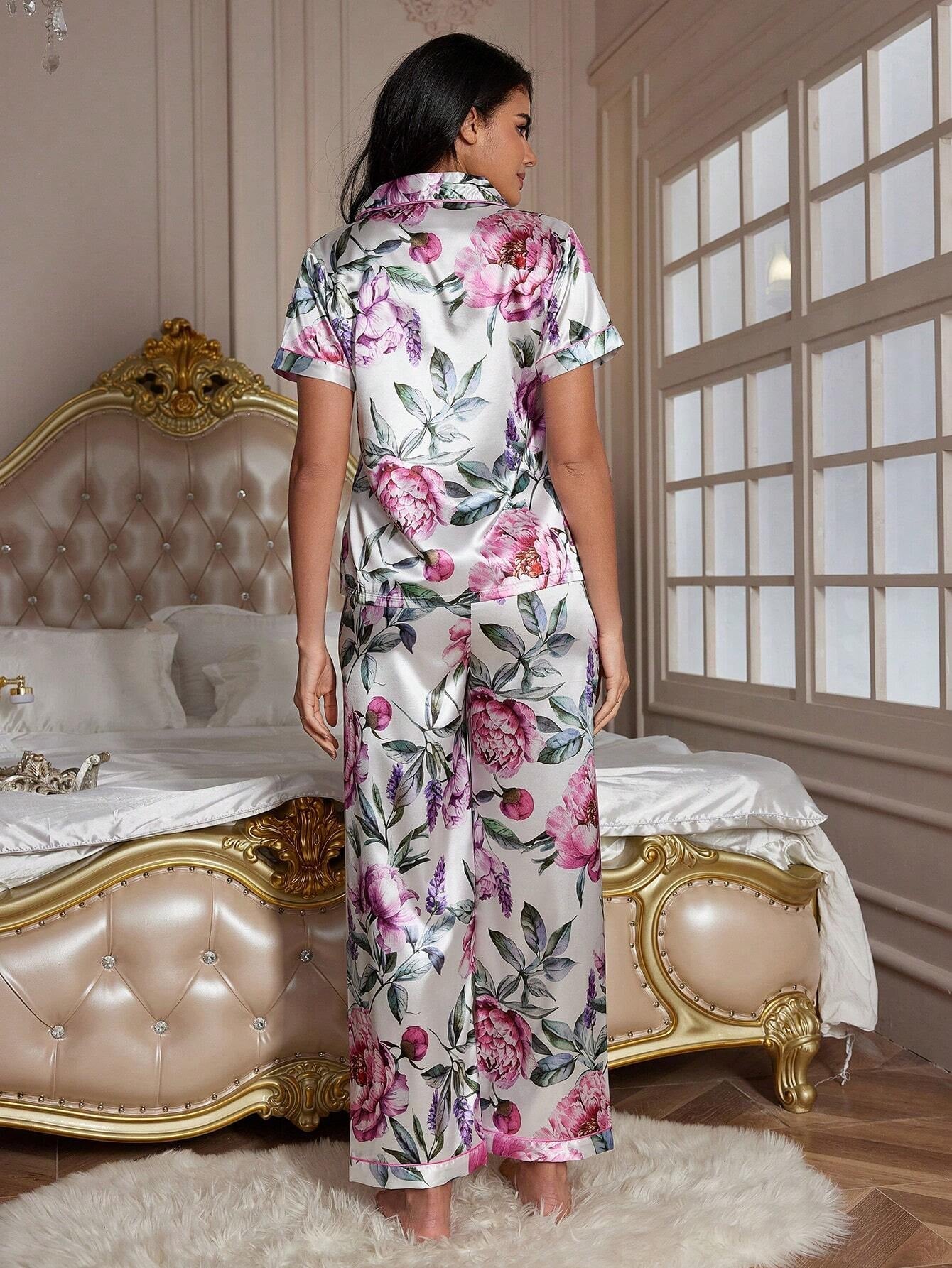 Luxenights Floral Printed Silk-Like Short Sleeve Top and Long Pants Pajama Set