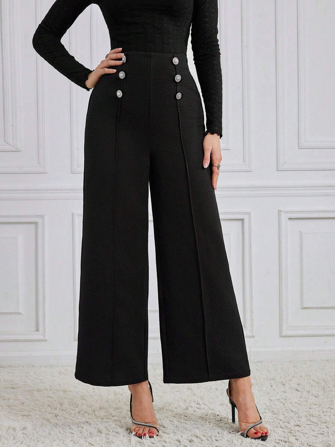 Modely Women'S Loose Fit Wide Leg Pants with Button Detail