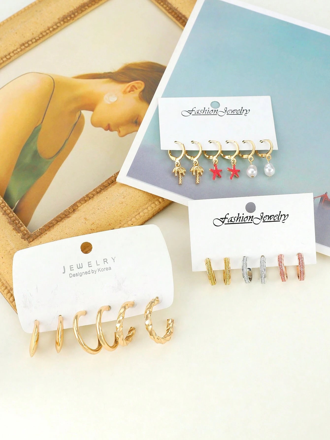9Pairs/Set Fashionable Zinc Alloy Rhinestone Moon & Faux Pearl Decor Stud Earrings for Women for Daily Decoration