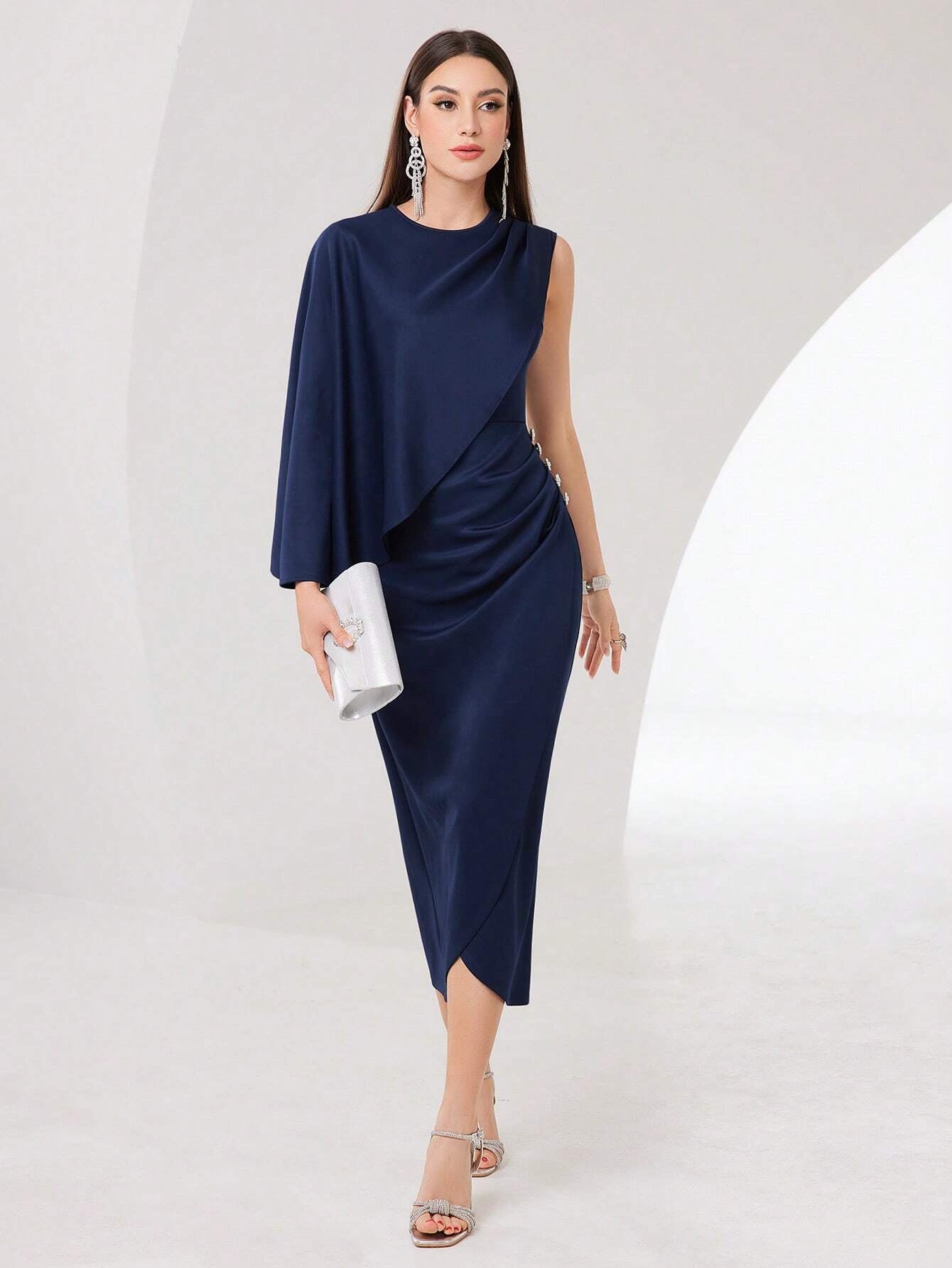 Modely Women'S One Shoulder Cross Design Dress with Asymmetrical Hem