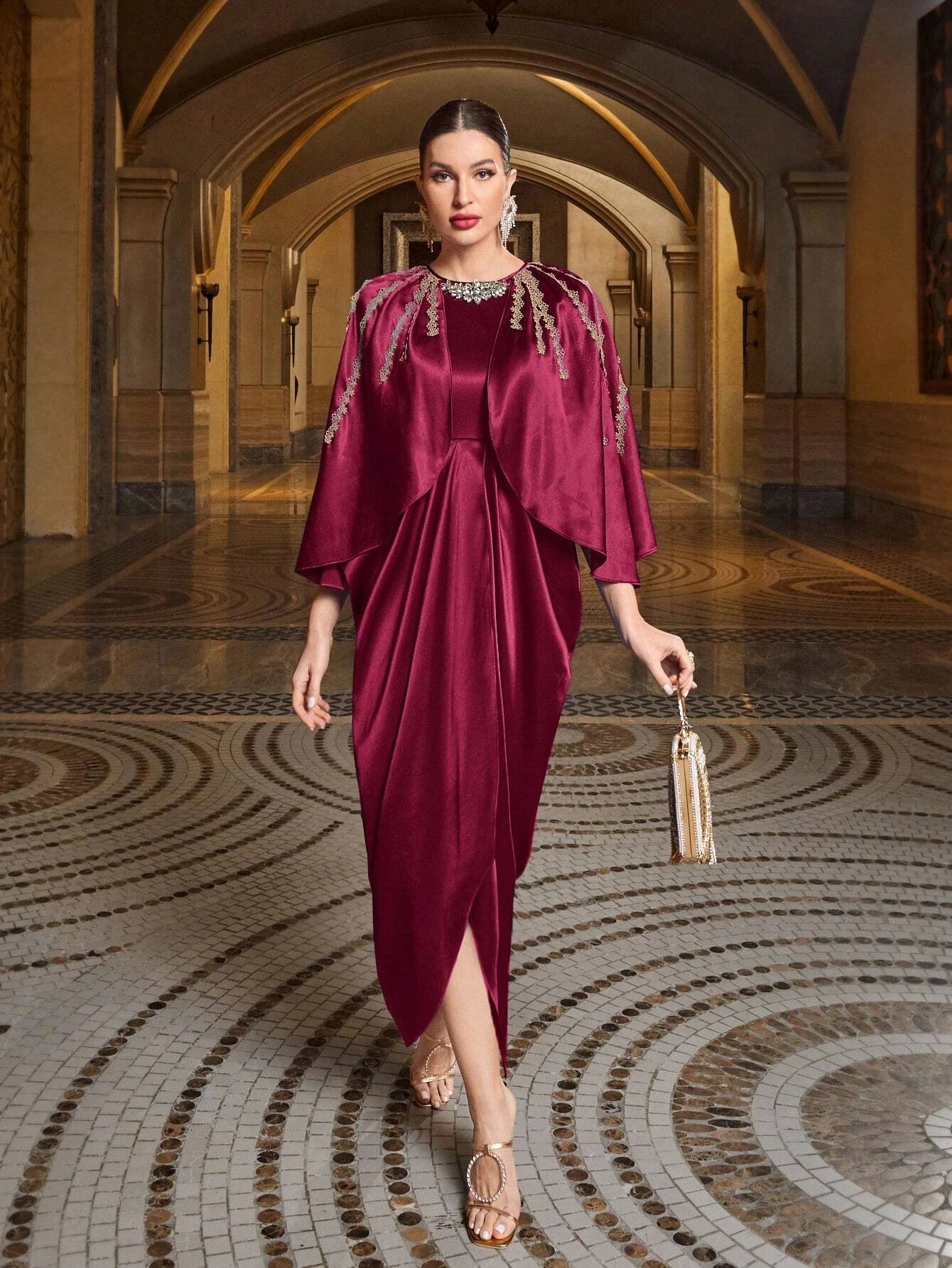 Modely Rhinestone Detail Batwing Sleeve Wrap Hem Dress