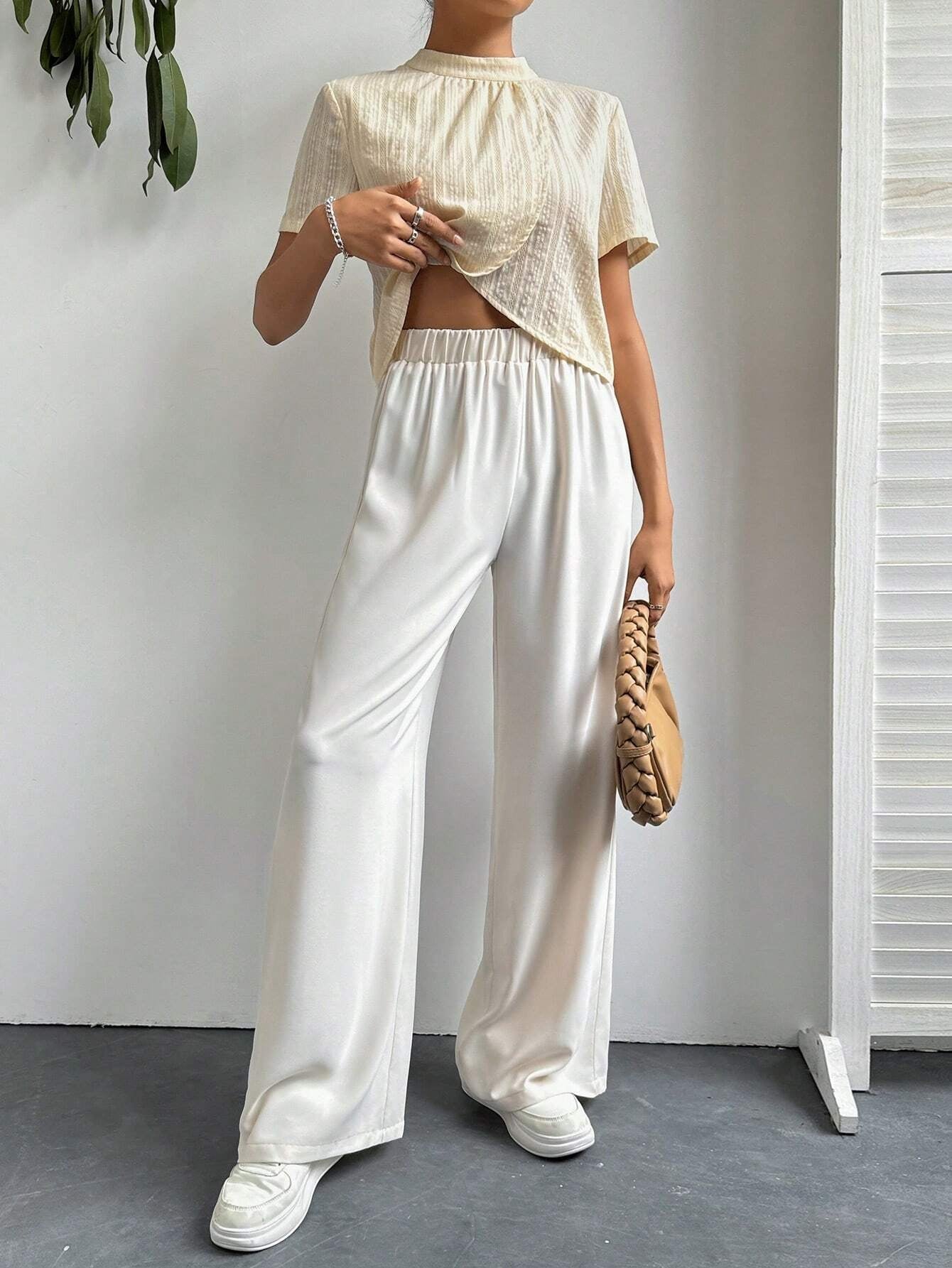 Essnce Women'S Stand Collar Irregular Hem Top and Pants Two-Piece Set