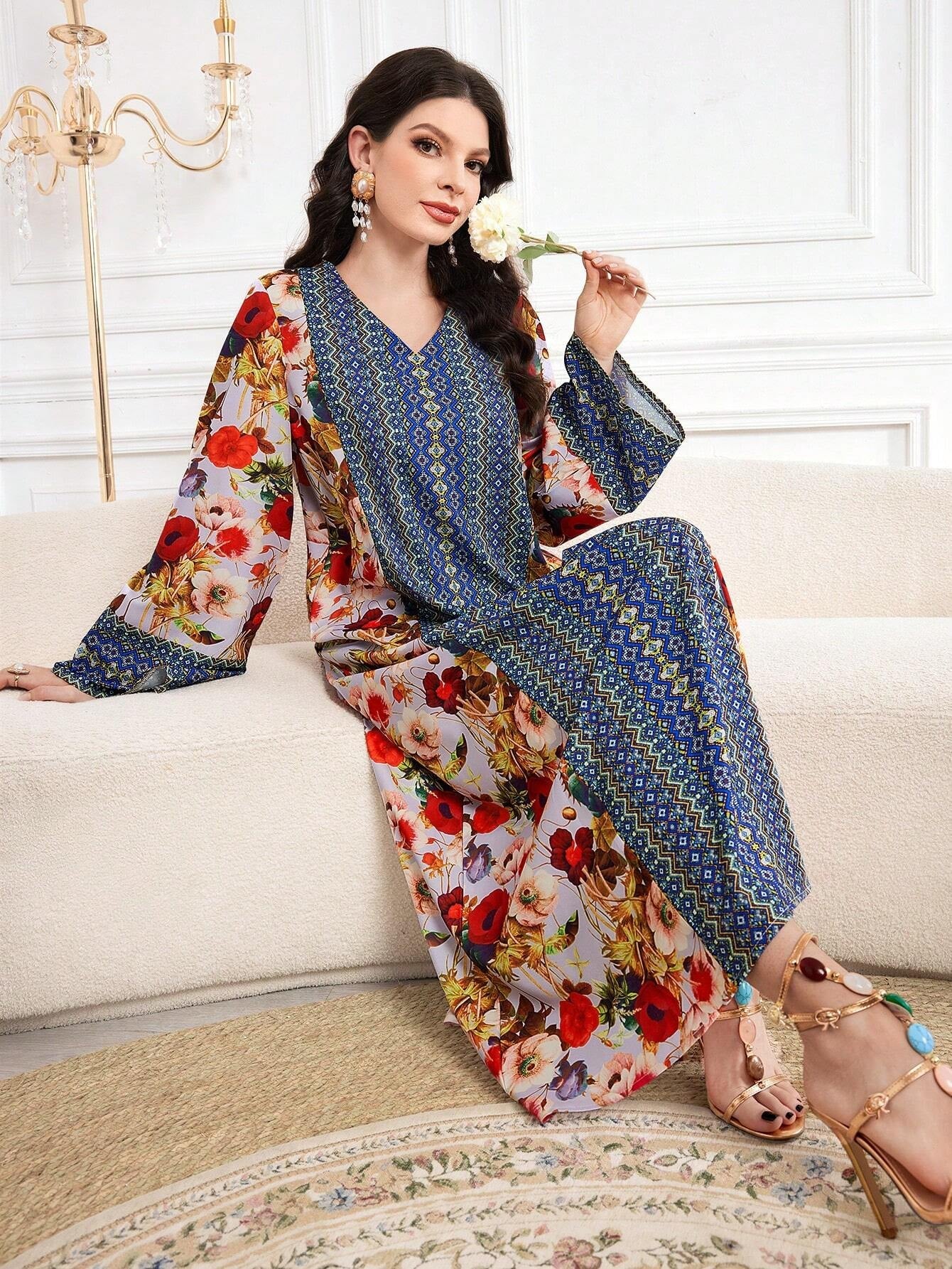 Najma Floral Print V Neck Flounce Sleeve Dress