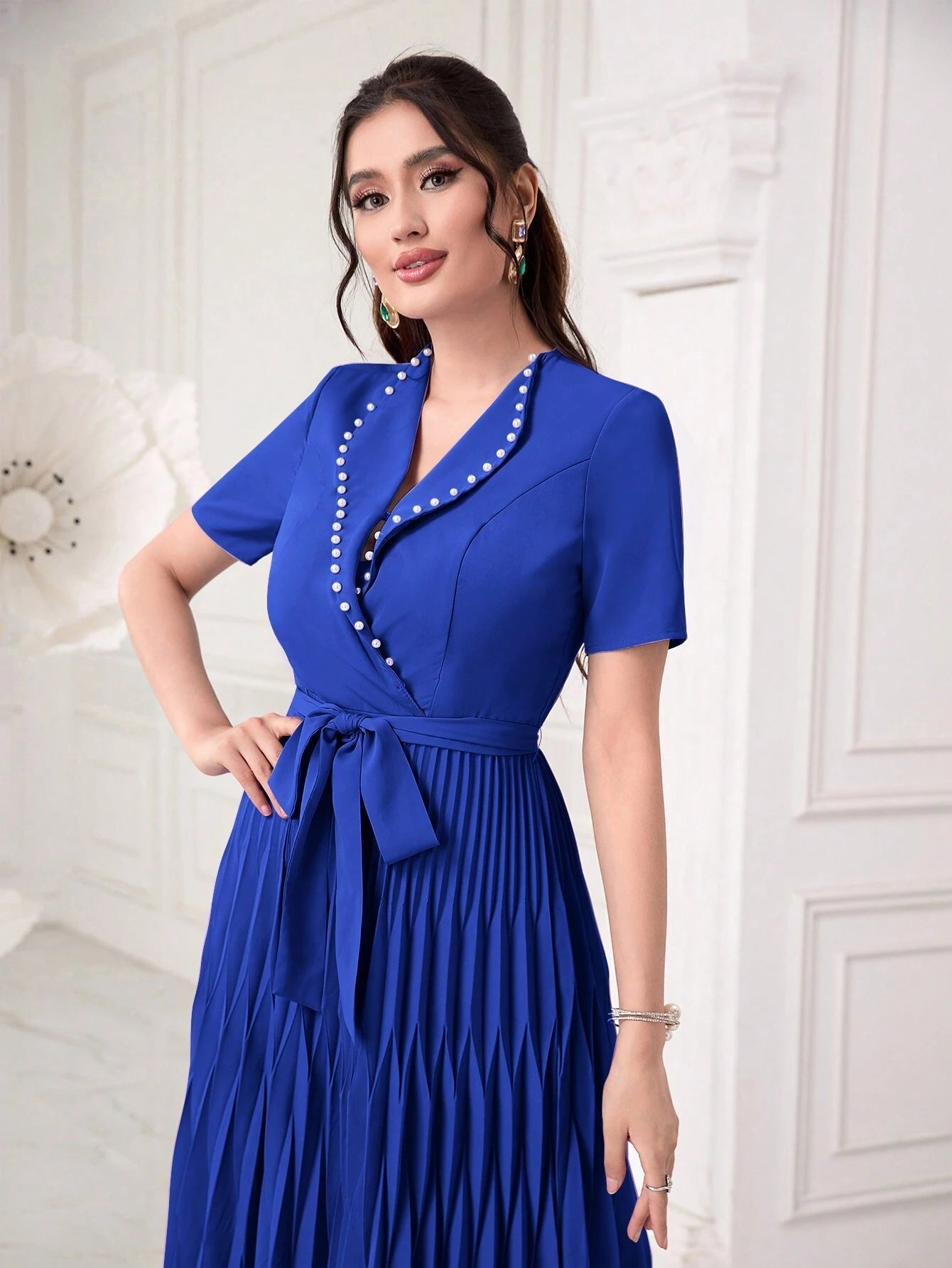 Modely Pearls Beaded Detail Belted Pleated Hem Dress